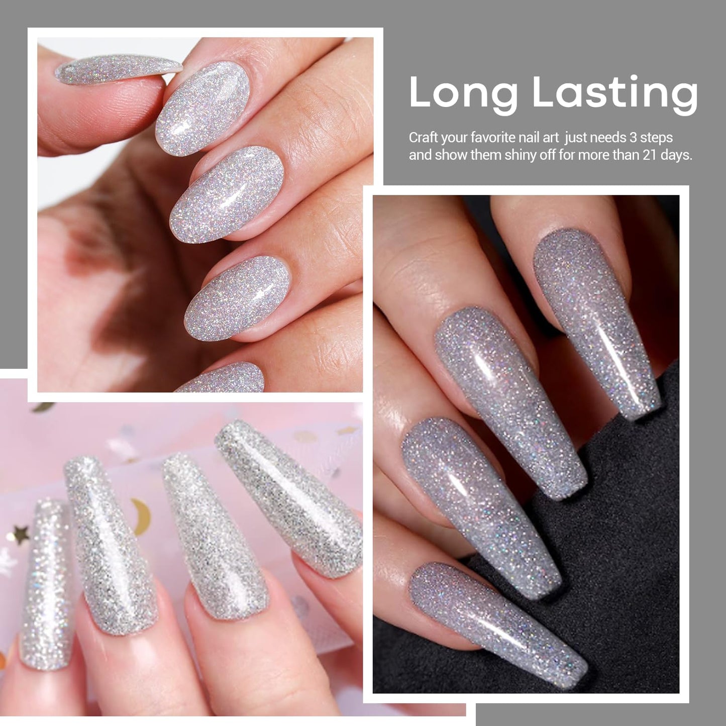 AZUREBEAUTY Dip Powder Silver Glitter Color, Gorgeous Sparkle Dipping Powder Shine Nail Art Starter Manicure Salon DIY at Home, Odor-Free and Long-Lasting, No Need Nail Lamp Curing, 1 Oz / 28g