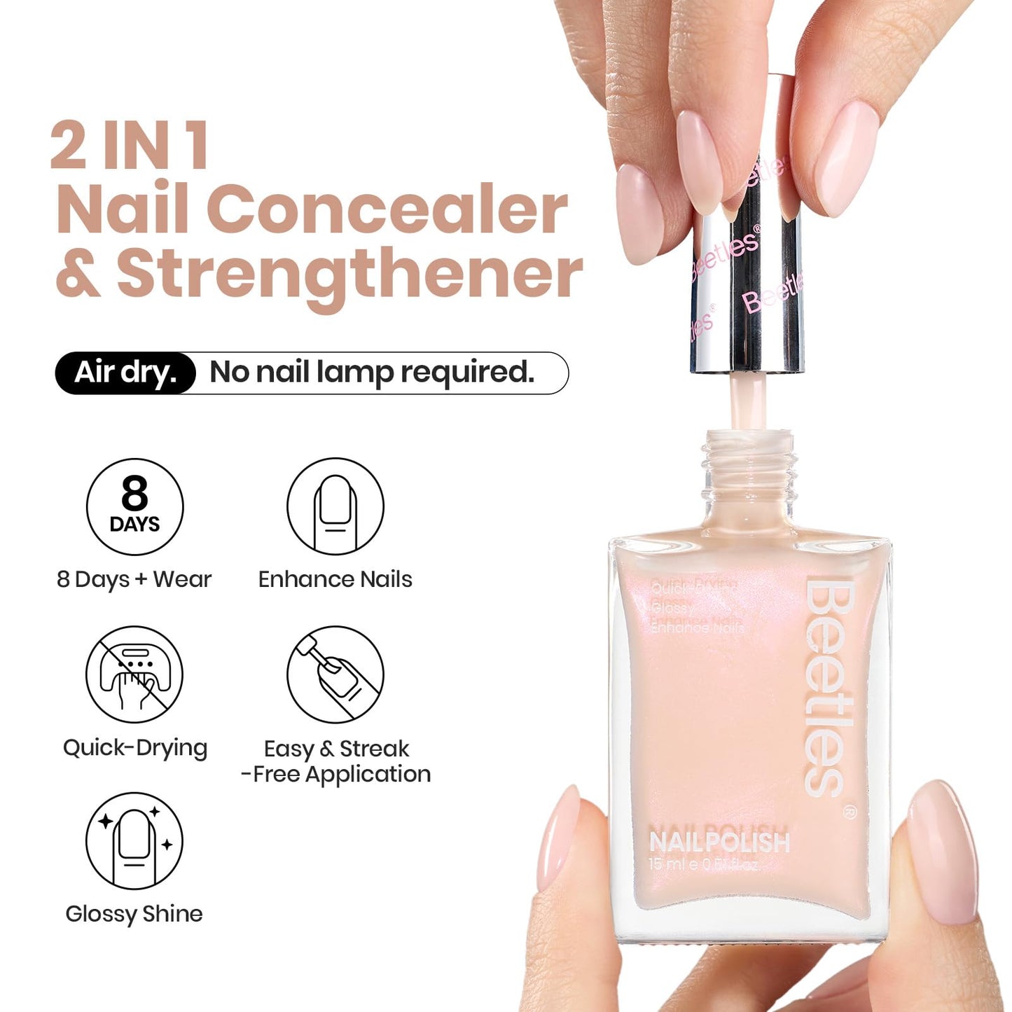 Beetles Nail Polish - Nude Nail Polish Shimmer Nail Concealer Fast Dry Quick Natural Nail Strengthener and Growth Treatment for Thin and Damaged Nails,0.51 FL OZ