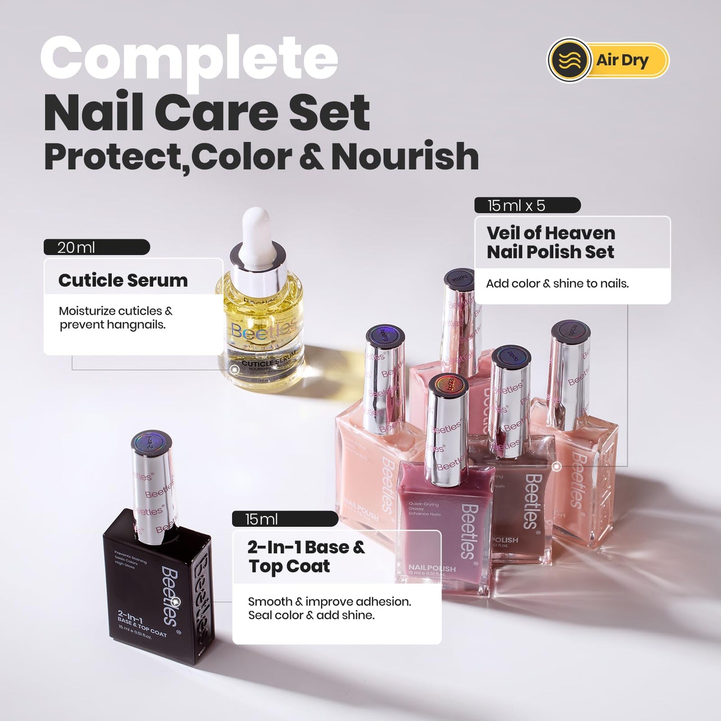Beetles Pink Nail Polish Set, 5 Colors Nude Pink Jelly Collection Quick Dry Long Lasting Nail Polish Base & Top Coat and Cuticle Serum Kit Spring DIY Care for Nail Home Gift For Women