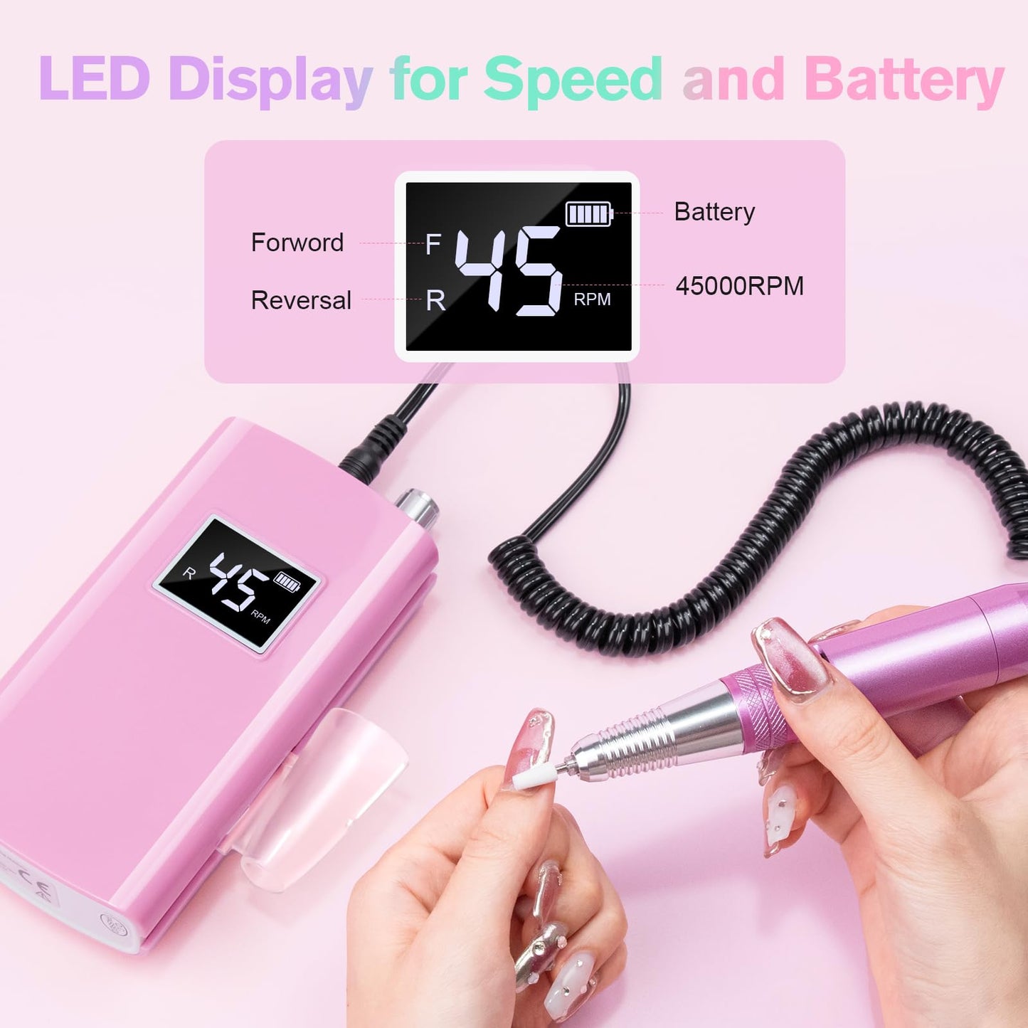 Beloving Portable Nail Drill Professional, 45000RPM Rechargeable Nail Drill Electric File Machine for Acrylic Gel Polish Remover, Cordless Nail Kit for Manicure Pedicure with 11 Bits for Salon Home