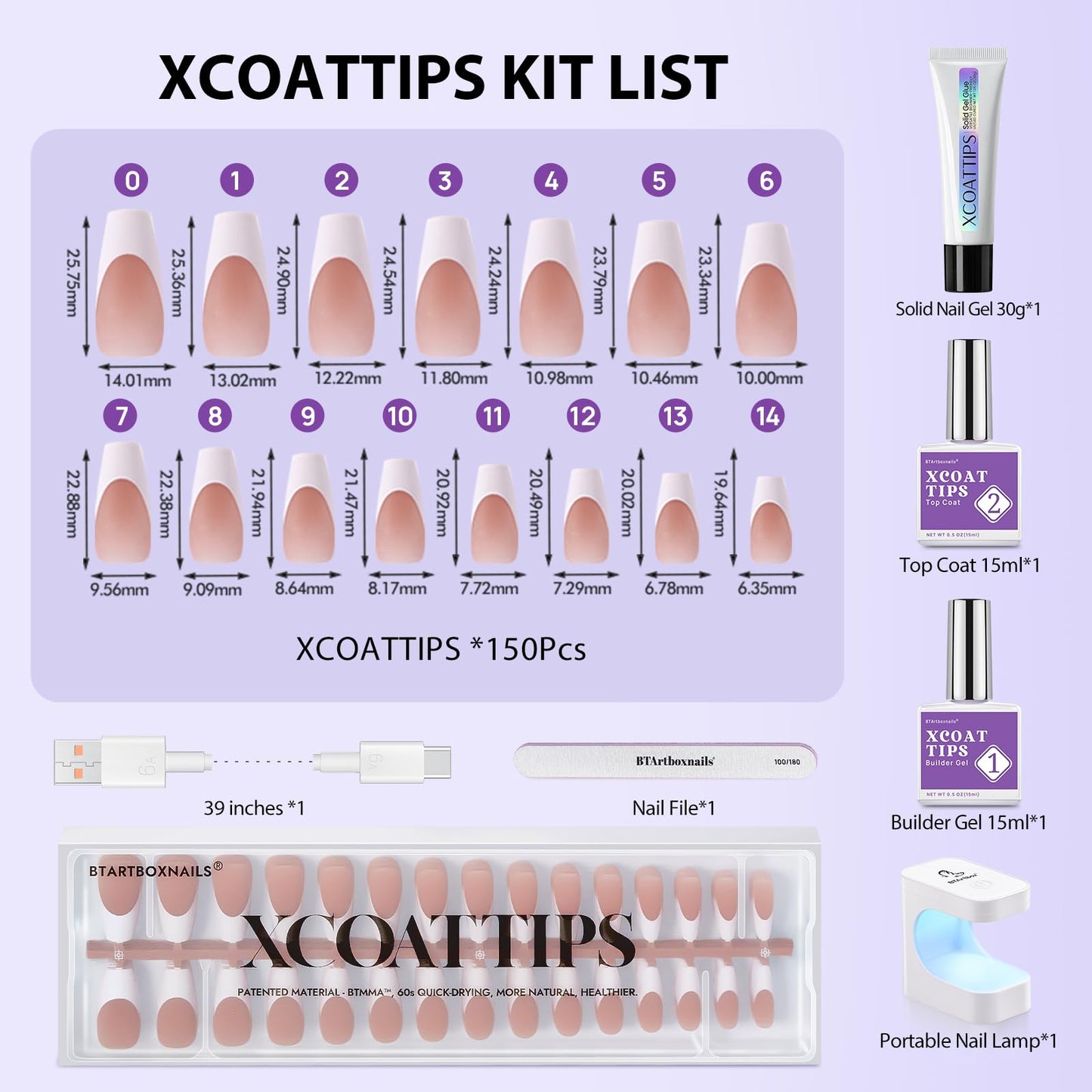 BTArtboxnails French Gel Nail Kit - French Tip Press on Nails Brown Medium Coffin XCOATTIPS Nail Art