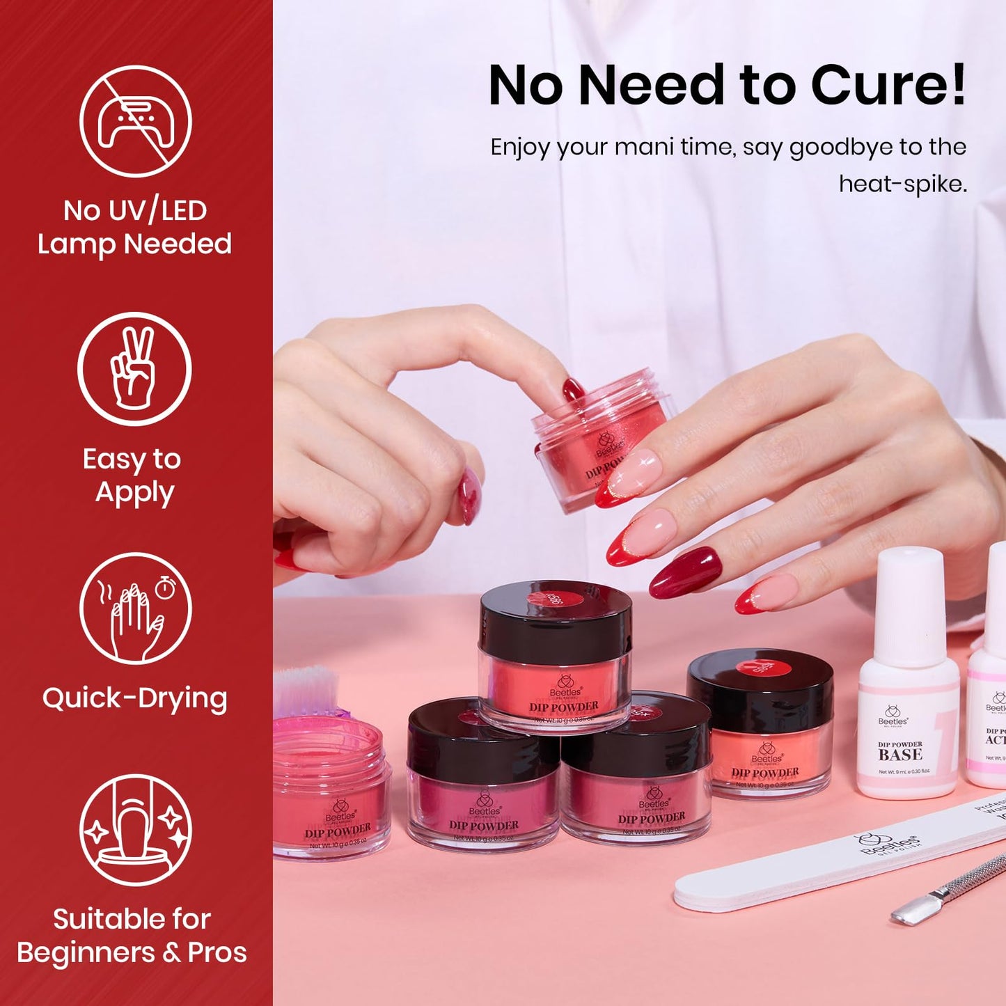 Beetles Dip Powder Nail Kit 6 Colors Red Glitter Dipping Powder No Need Nail Lamp Cured Manicure DIY Salon Gift for Girls Women