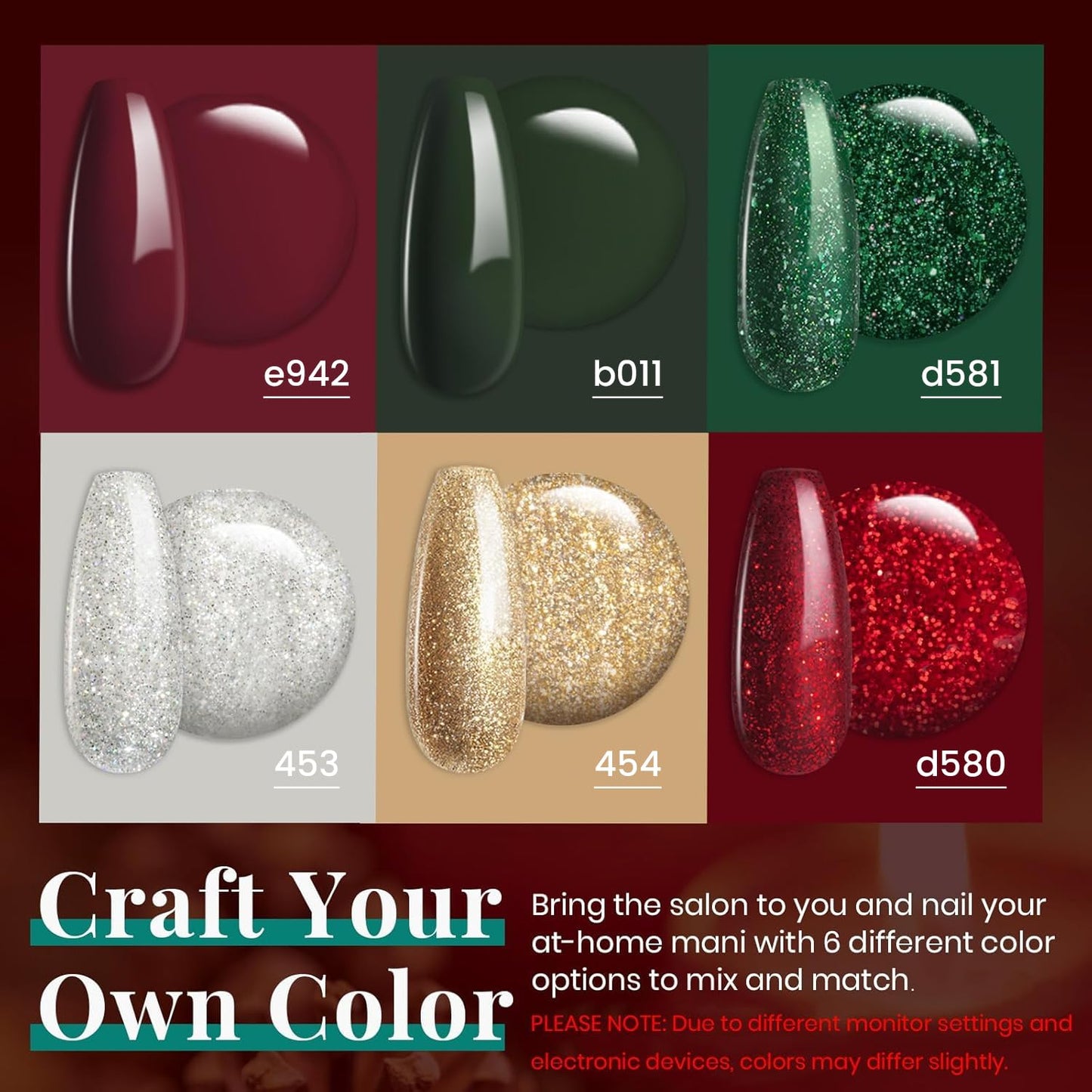 Beetles Gel Nail Polish, Red Sparkle Green Glitter Gold Silver Winter Gel Polish Dark Green Dark Red Gel Polish Kits Soak Off Nail Lamp Uv LED Cured for Nail Art Design for Women