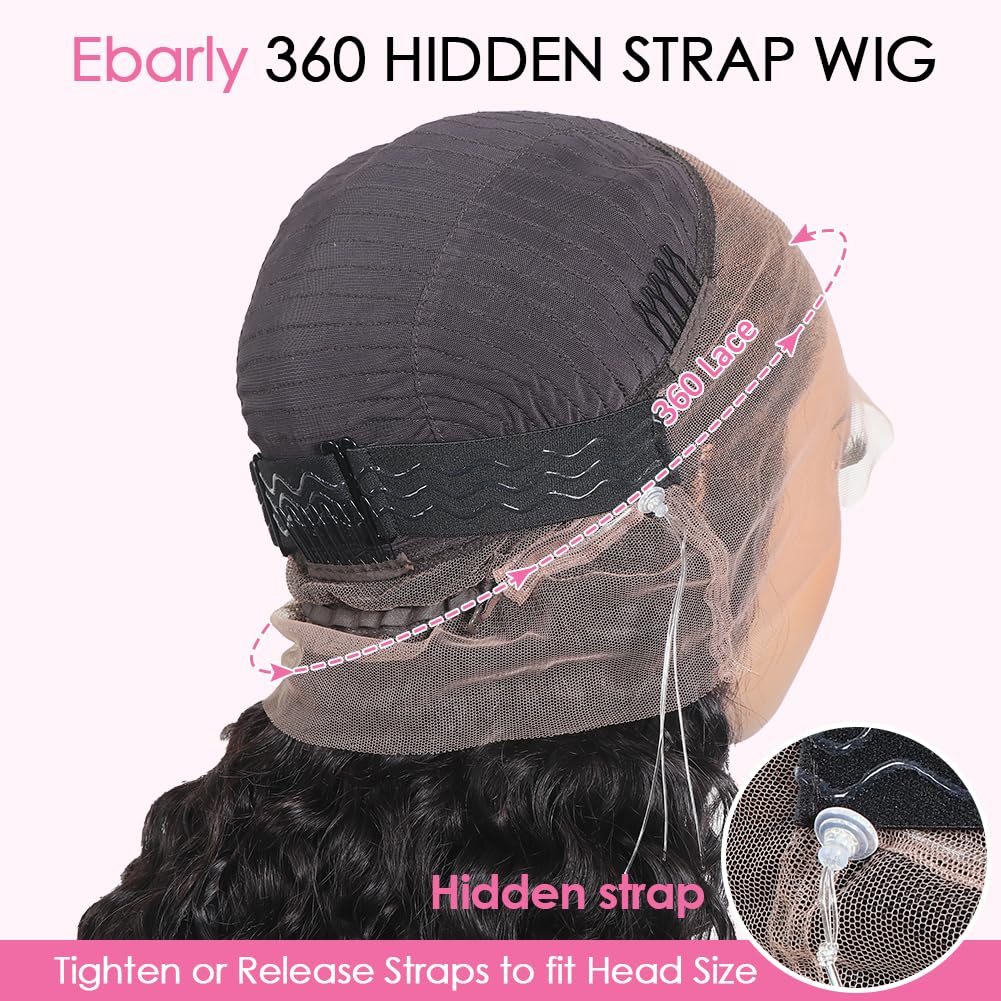Ebarly Hidden Strap 360 Glueless Lace Front Wigs Human Hair Pre Plucked Bleached Knots 180 Density Water Wave HD Lace Frontal Wig with Drawstring Curly Full LaceFront Wigs for Women(22 inch)