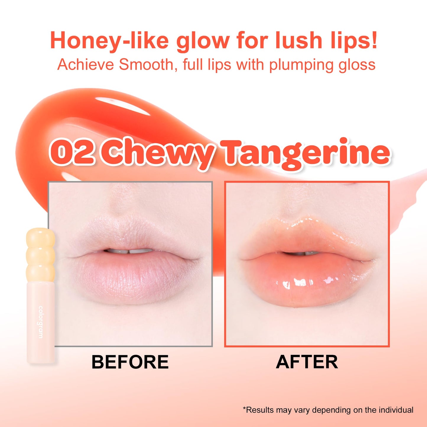 COLORGRAM FRUITY GLASS GLOSS 02 CHEWY TANGERINE | Non-Sticky Glossy Lip Tint with Glass-Like Shine | Long-Lasting Hydrating Lip Gloss for Smooth & Plump Lips