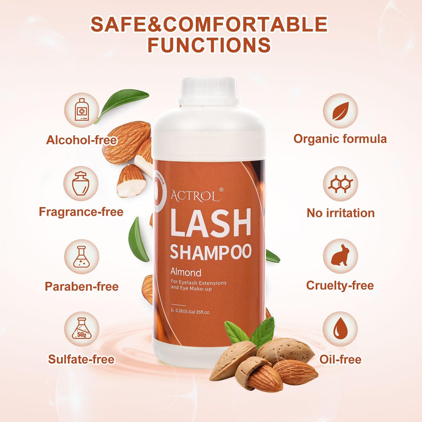 ACTROL Eyelash Extension Cleanser Almond 1L Natural Lash Extension Shampoo Professional Eyelid Foaming Cleanser Paraben & Sulfate Free Non-lrritating with Salon and Home Care