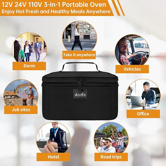 Aotto Portable Oven, Electric Lunch Box Food Heater - 12V/24V/110V 3-in-1 Car Food Warmer - Mini Personal Microwave Heated Lunch Box Warmer for Car, Truck, Travel, Office & Home Use - Black