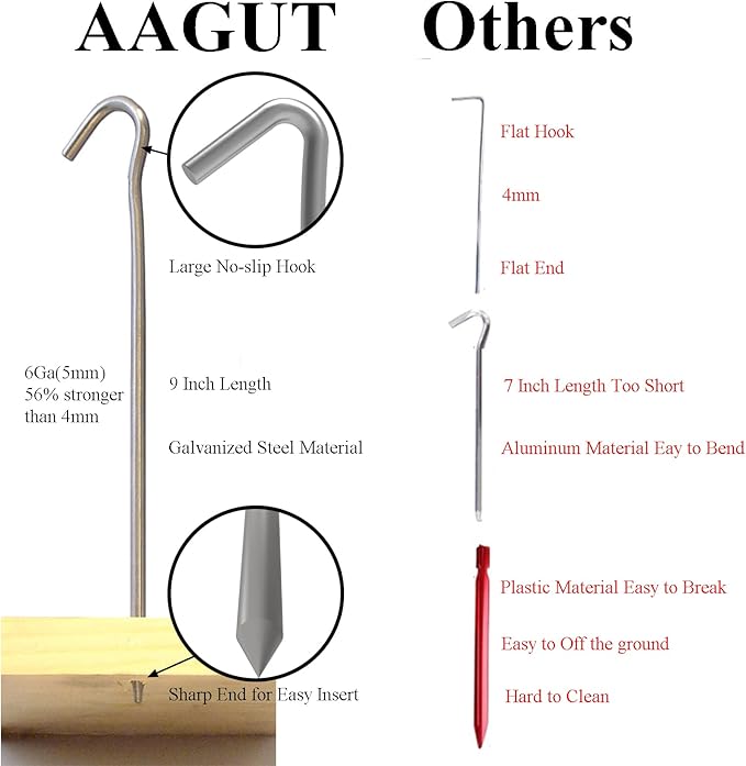 AAGUT 50 Pack Inflatable Stakes and Tethers, 9" Metal Camping Tent Stakes, Galvanized Garden Edging Fence Hooks, Ground Stakes for Trap and Christmas Decorations, Canopy Pegs with and Ties and T Hook