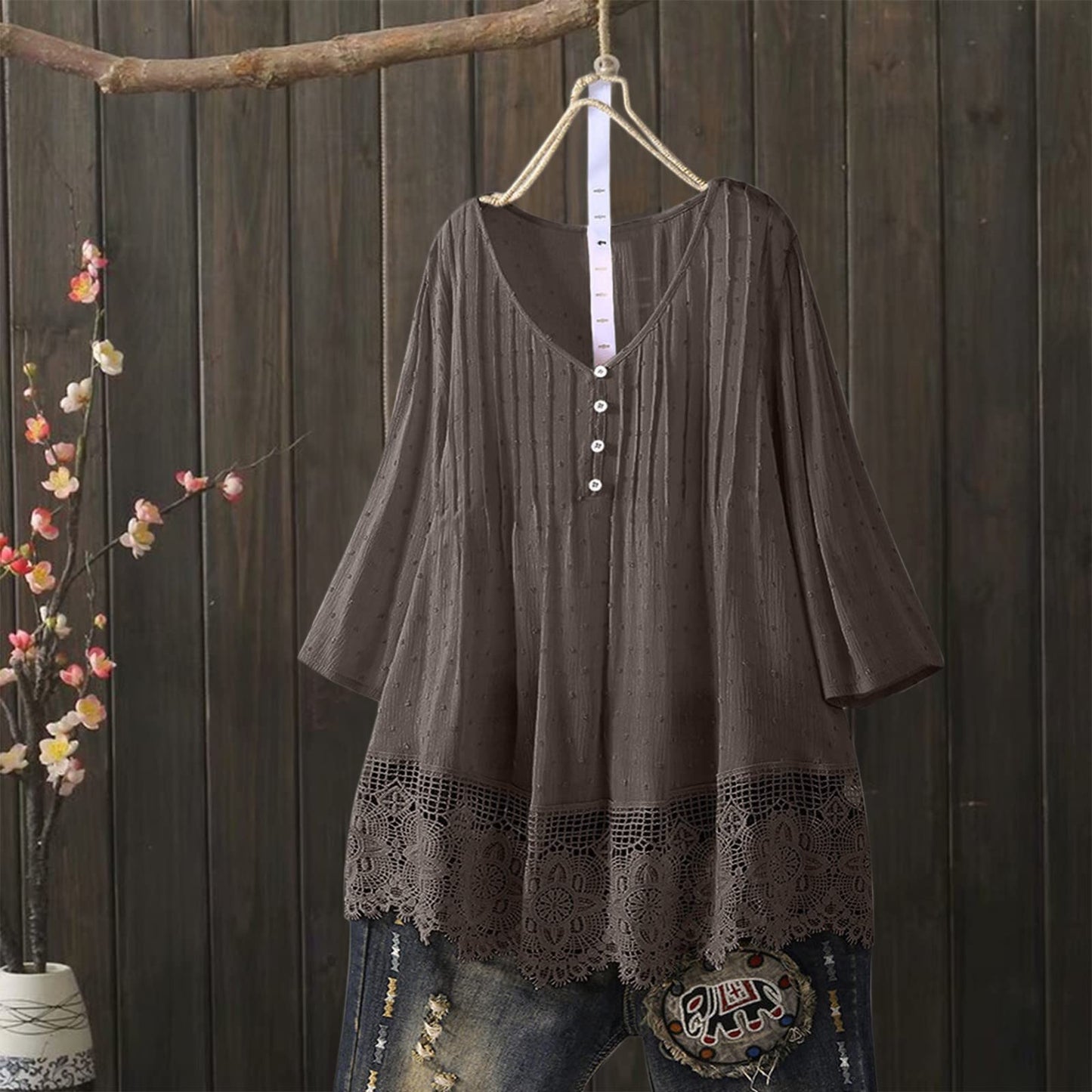 Aniywn Women Round Neck Lace Up Lace Patchwork Flare Pullover Top Casual Plus Size 3/4 Sleeve Floral Printed T-Shirt