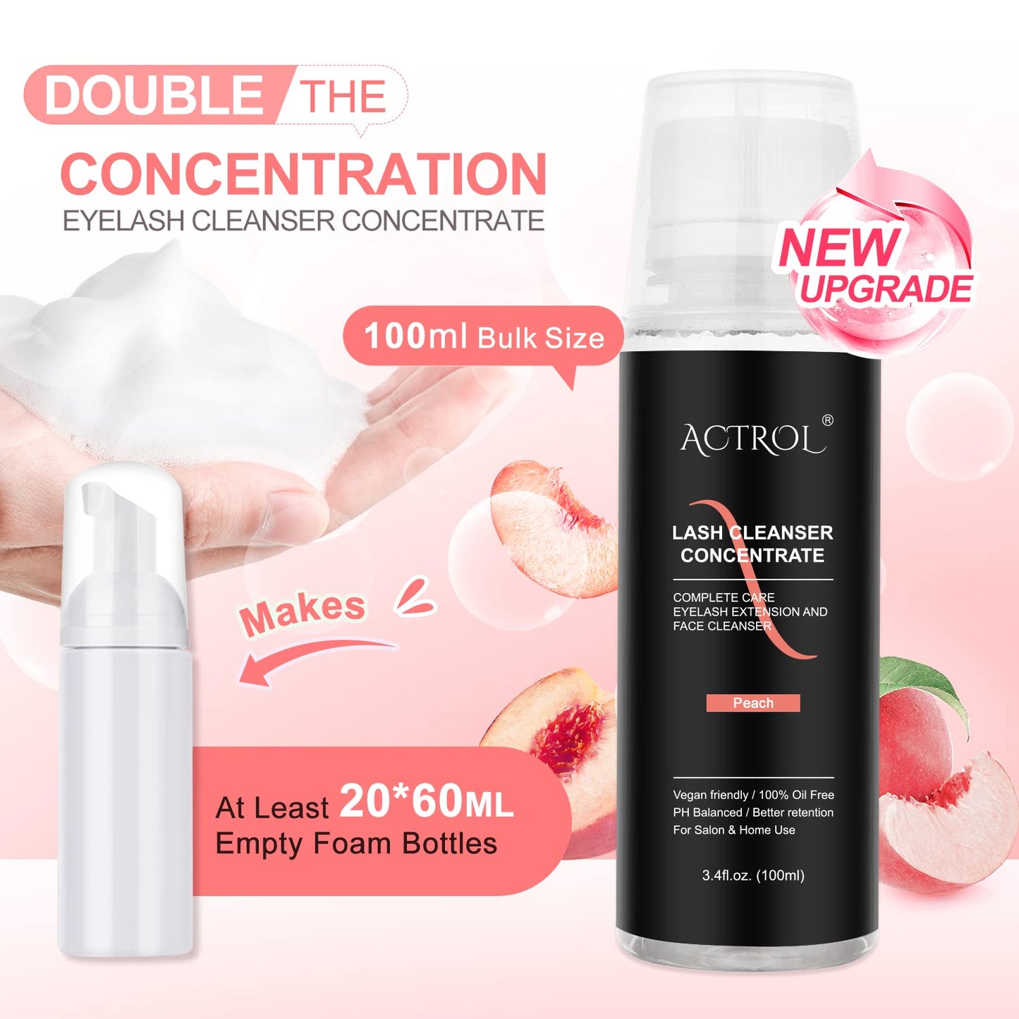 ACTROL Eyelash Cleanser Concentrate 100ml Peach Professional Lash Shampoo Foaming Cleanser DIY Paraben & Sulfate Free Non-lrritating Wash for Extensions Lashes with Salon Care-Makes 20 Bottles