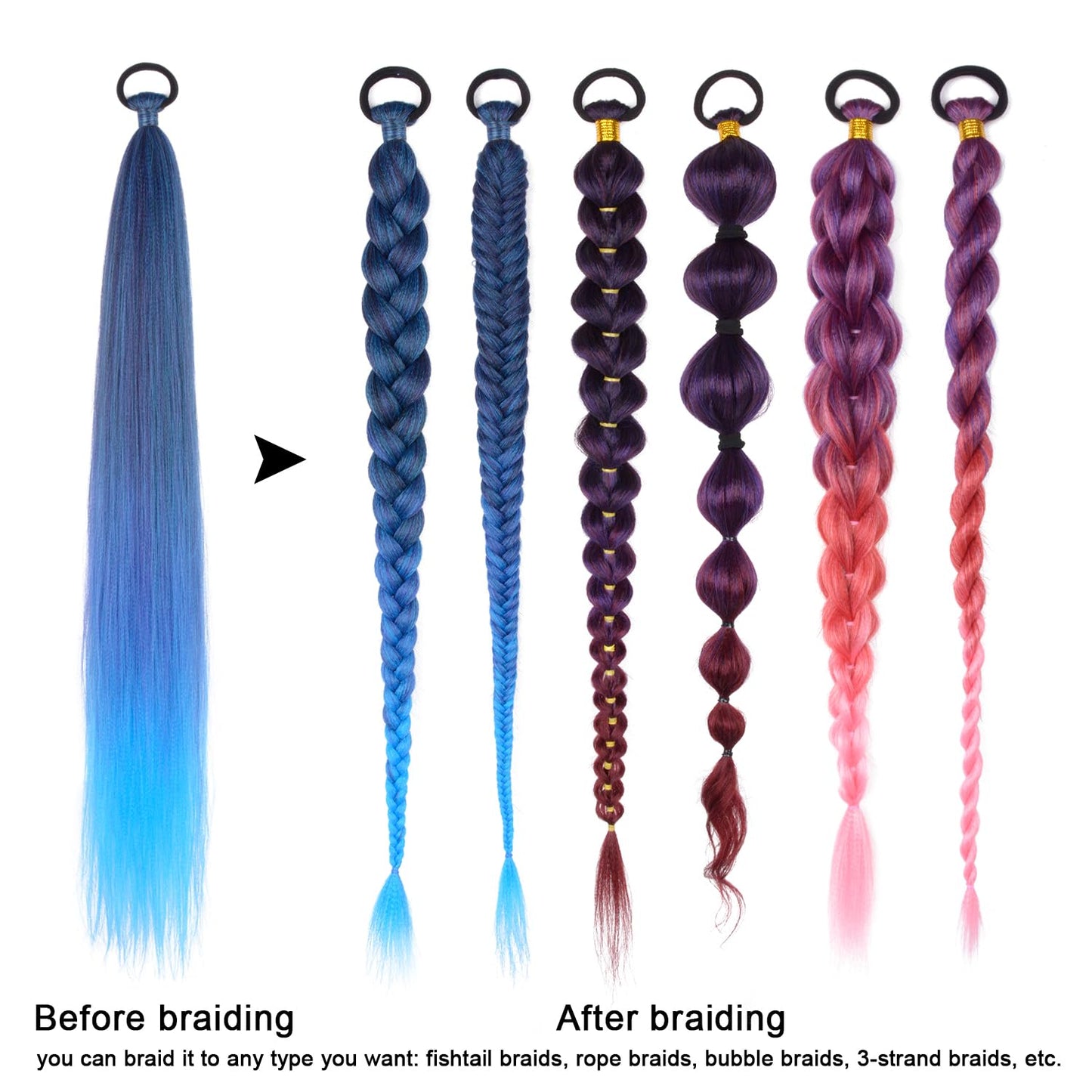 Braid Ponytail Extension with Elastic Tie Straight Sleek Wrap Around Braid Hair Extensions Ponytail Natural Soft Synthetic Hairpiece Blue gradient 26 Inch(Black/Blue/Light Blue#)