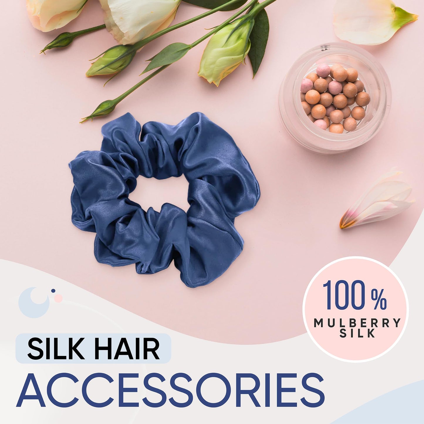 Blissy Silk Scrunchies (3 Pack) - 100% Pure Mulberry Silk - 22 Momme 6A High-Grade Fibers - Silk Scrunchie for Straight & Curly Hair - Preventing Breakage, Tangling, & Creasing (Blue Skinny)