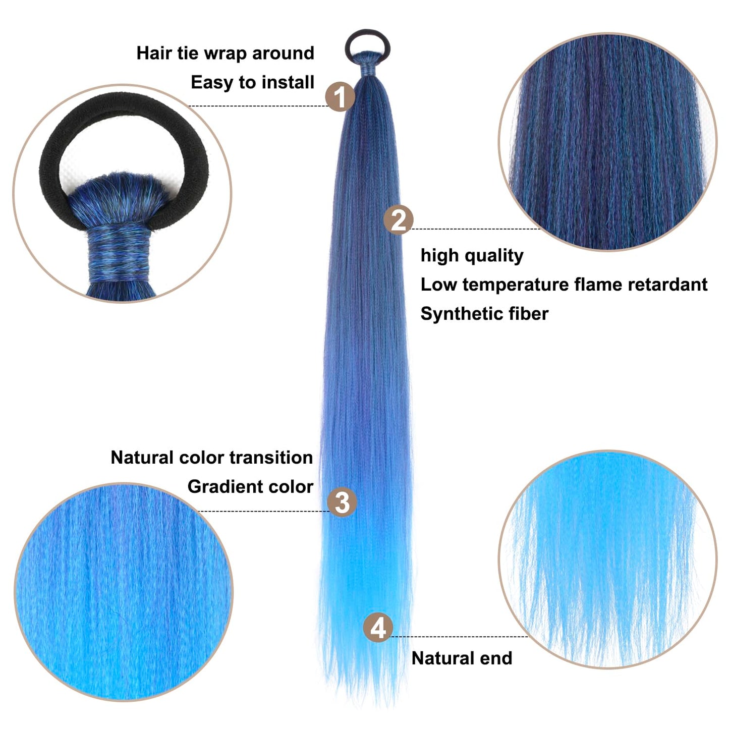 Braid Ponytail Extension with Elastic Tie Straight Sleek Wrap Around Braid Hair Extensions Ponytail Natural Soft Synthetic Hairpiece Blue gradient 26 Inch(Black/Blue/Light Blue#)