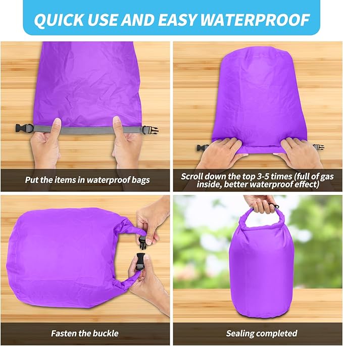 Dry Bag Set, Waterproof Small Lightweight Dry Bags for Paddle Board Kayaking, Fishing, Camping (Purple, 2L+5L+10L)