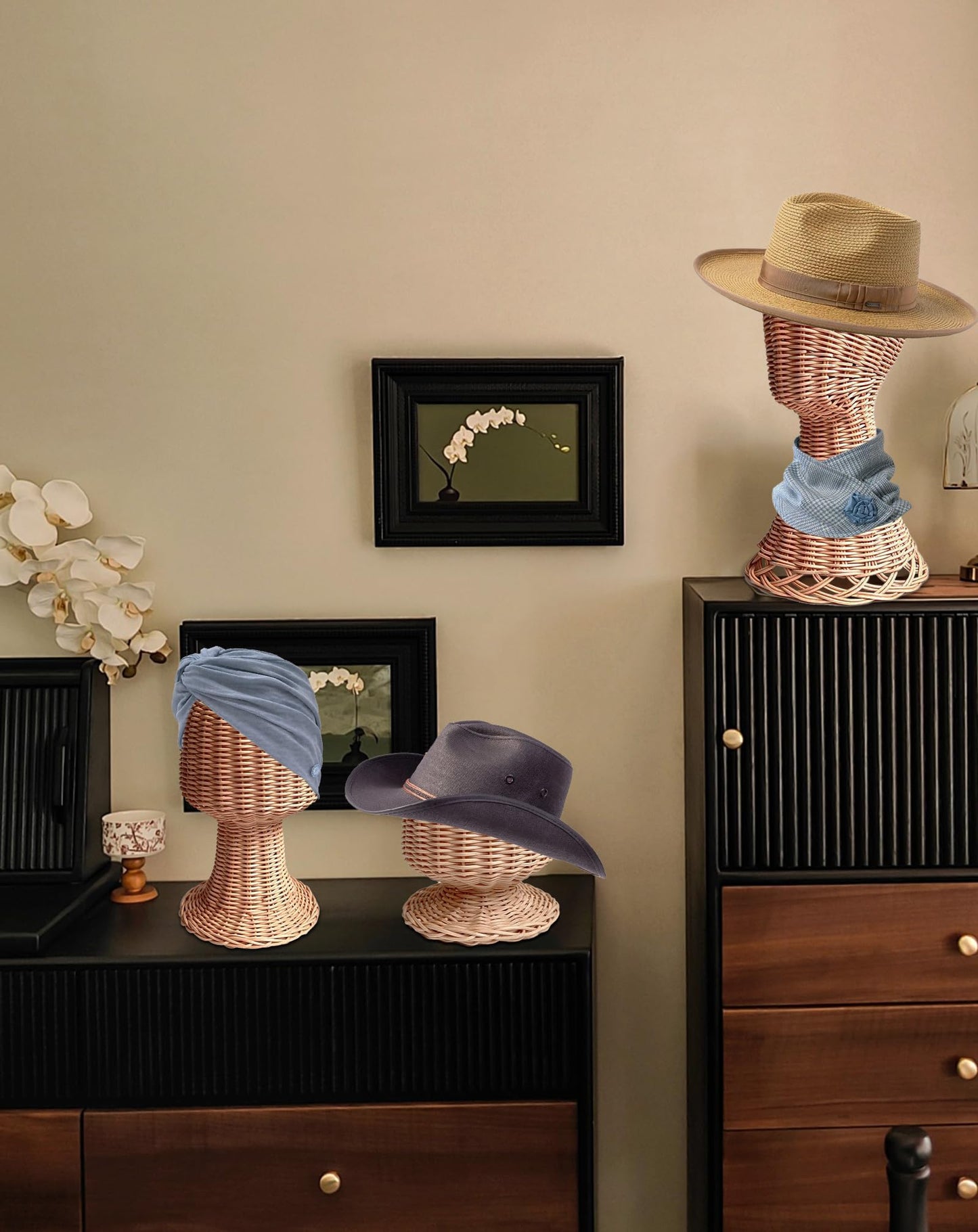 CHADWICK Mannequin Head Stand, Rattan Wig Stand, Hat & Wig Display Holder, Handmade Wicker Wig Head Stand, Vine Woven Hat Stands, Rustic Cap Rack for Home, Hair Salon, Showcase, Stable Base, Brown