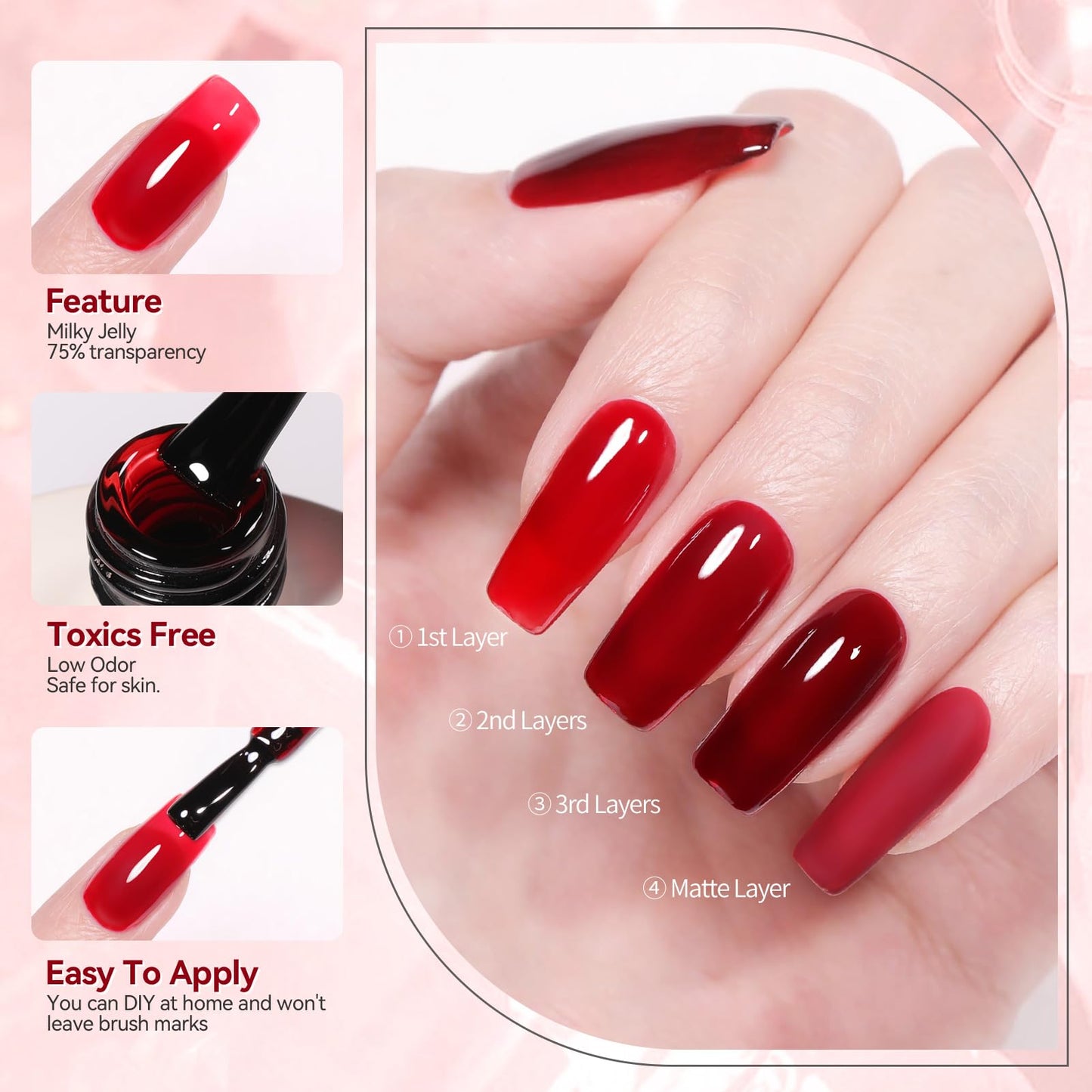 Born Pretty Jelly Burgundy Gel Nail Polish Christmas Jelly Red Gel Polish Sheer Wine Red Natural Translucent Soak Off Hema-Free Gel Polish Nail Art DIY 15ML