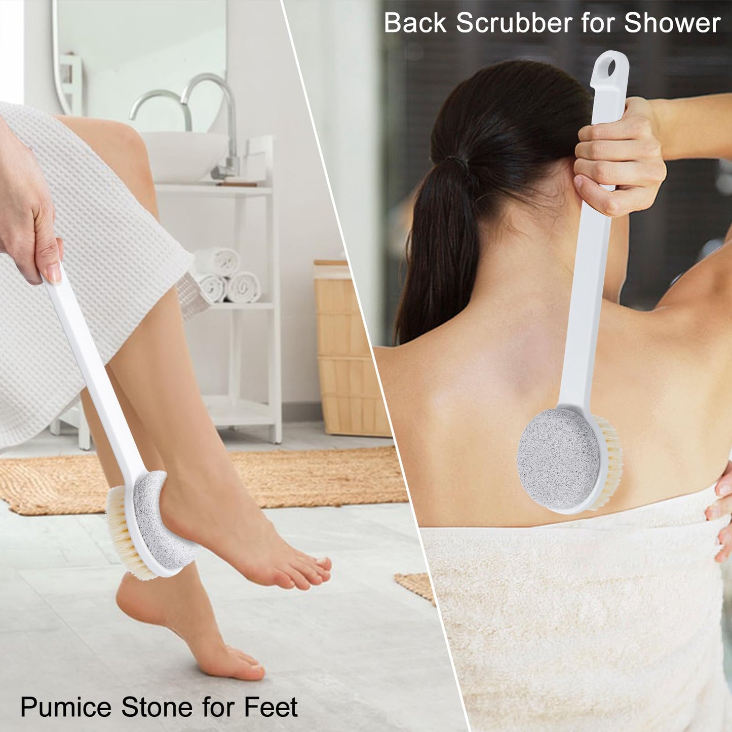 Beomeen Pumice Stone and Shower Brush with Long Handle, Hard Skin Callus Remover, 2 in 1 Foot Scrubber, Back Scrubber for Shower Deep Cleansing and Exfoliation, Dry Brushing Body Brush (Straight)