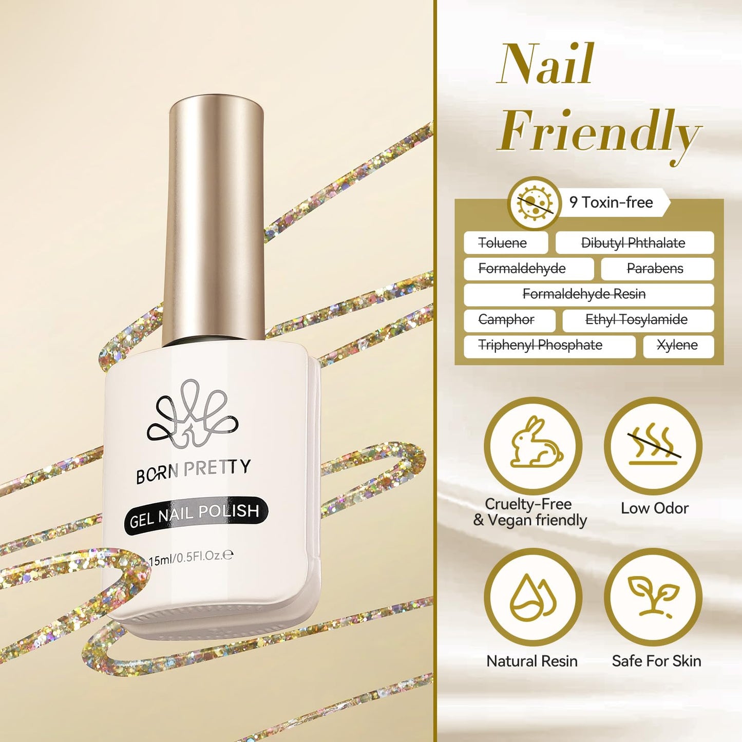 Born Pretty Christmas Gold Glitter Gel Nail Polish Sparkly Shiny Glitter Flash Gel Polish Hema-Free Color Gel Polish Nail Art Design Manicure DIY at Home 15ML