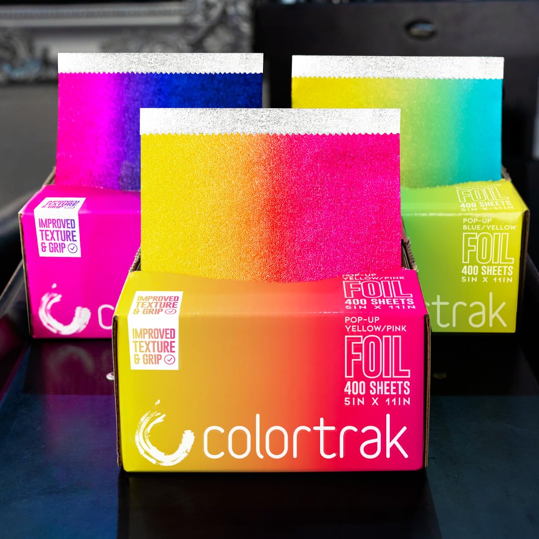 Colortrak Yellow/Pink Gradient Pop-up Foil w/Dispenser (400 Count), Pre-cut Sheets, Non-Slip Embossed Texture, 5" x 10.75" Sheets for Hair Foil Coloring and Highlighting Sheet Applications