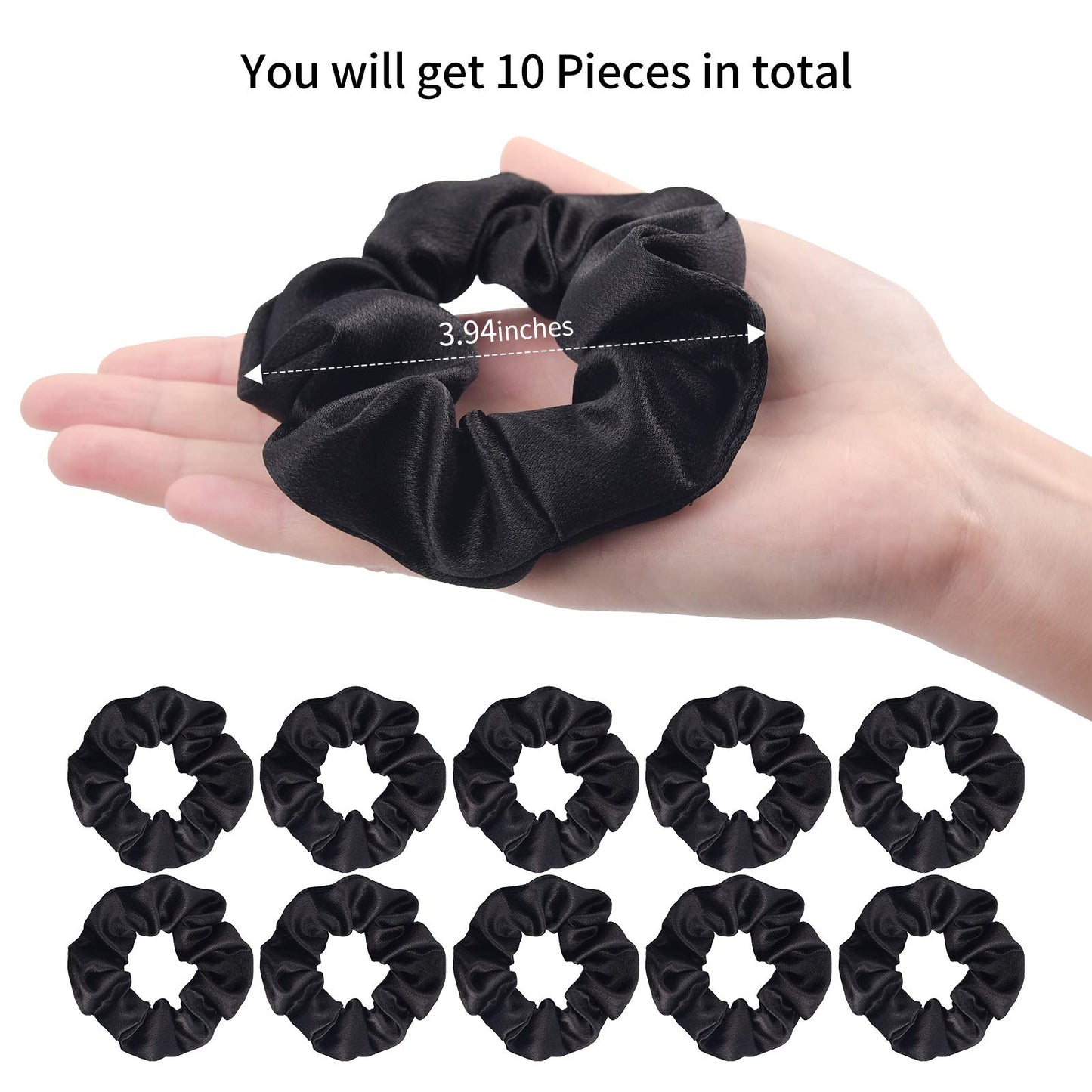 CEELGON Black Satin Silk Scrunchies for hair Big Scrunchies Satin Packs for Hair Scrunchies 10 Pack (Black)