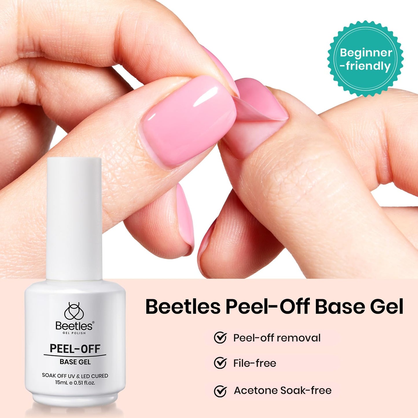 Beetles Peel Off Base Coat for Gel Nail Polish, 15ml Peel off Gel Base Coat Easy Removal, UV LED Lamp Peel off Nail Polish without Damage, Long Lasting Peelable Base for Beginners Weak Thin Nails