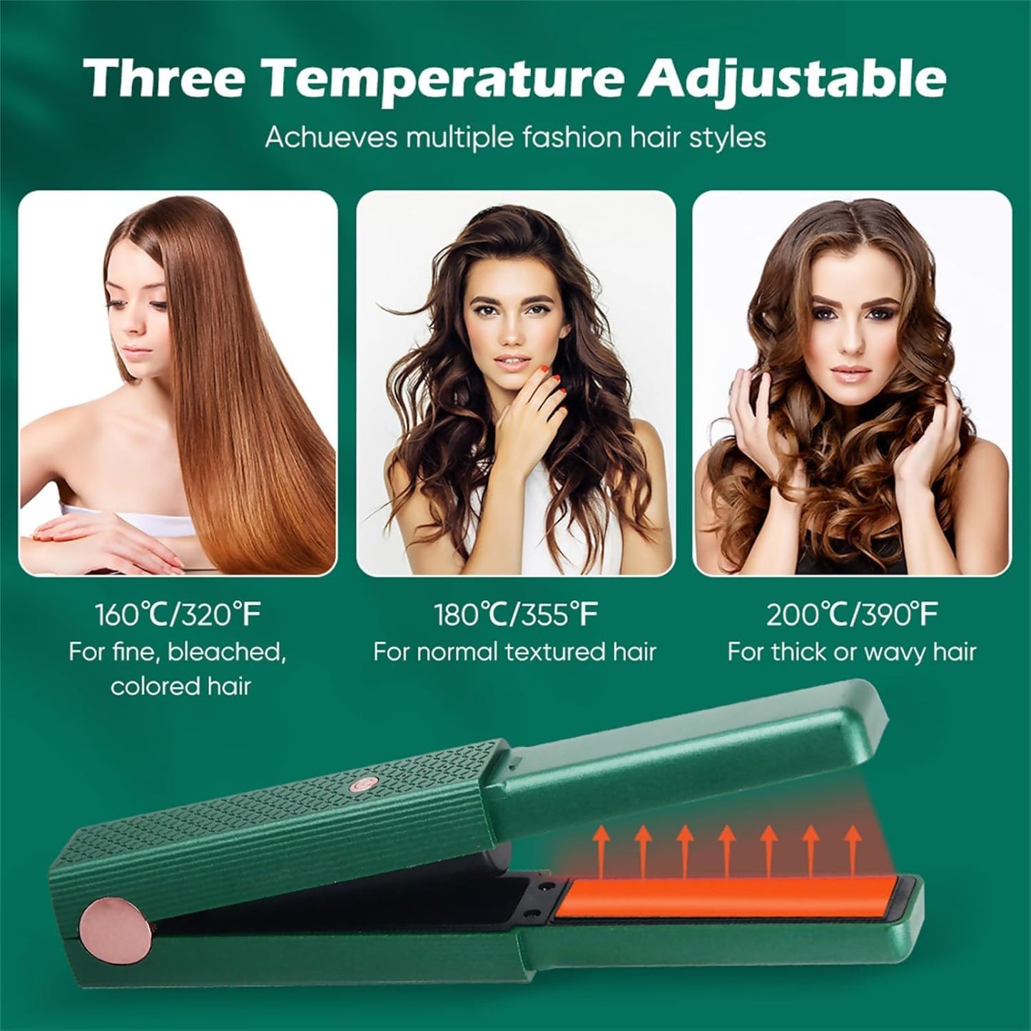 Cordless Hair Straightener, 2 in 1 Portable Mini Ceramic Flat Iron and Curler, USB-C Rechargeable Travel Straightener, Lock in Moisture & Shine, 3 Levels Adjustable (Green)