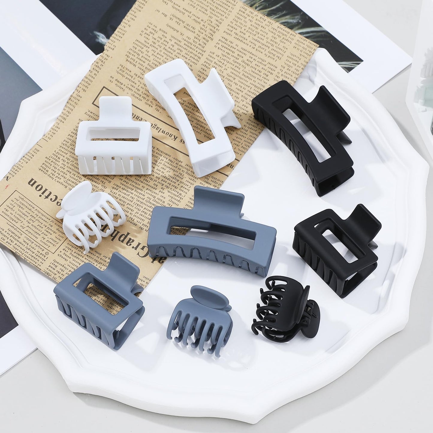 CHANDAT 3 Style Claw Hair Clips Set for Women - 9 pcs Medium Rectangle Clips for Thick Hair, Square Clips for Thin Hair - Grey