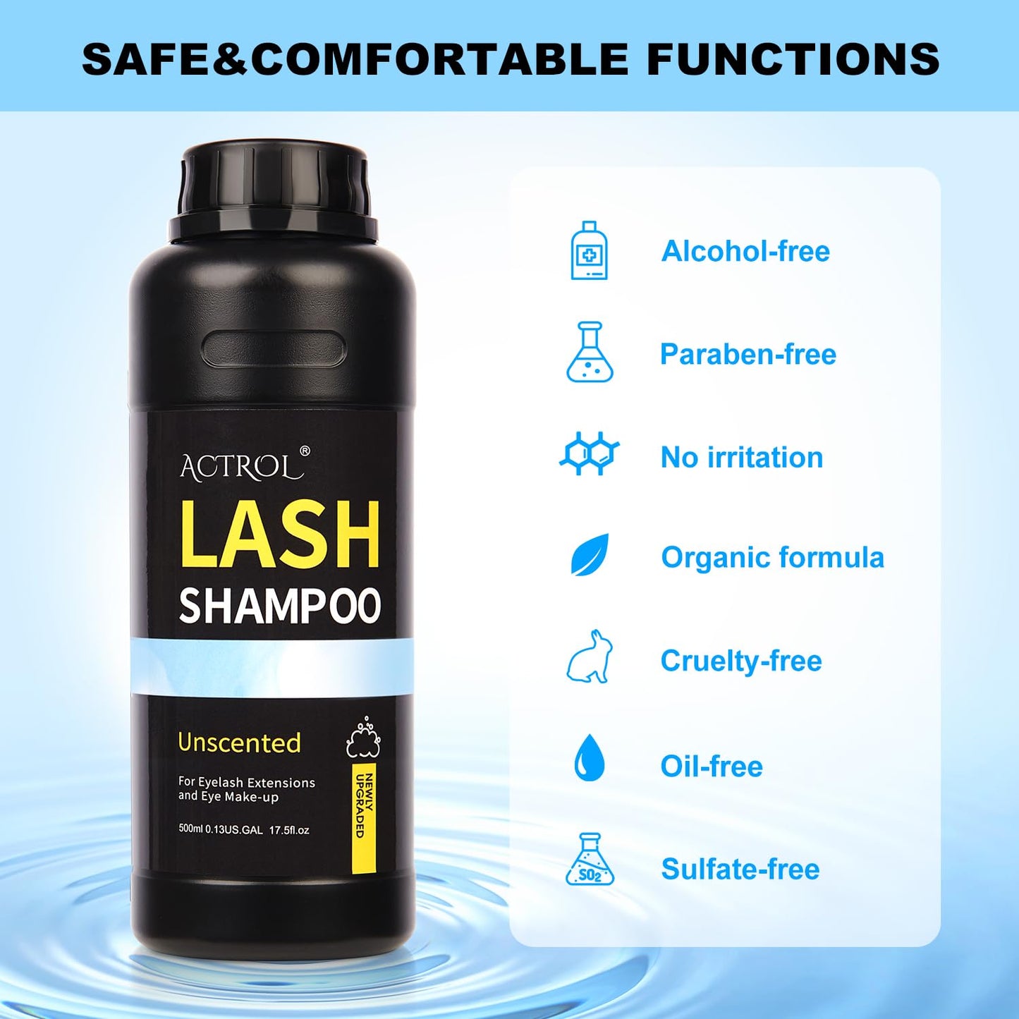 ACTROL Lash Shampoo 500ml Eyelash Cleanser Unscented Foam for Lash Wash and Salon or Home Care