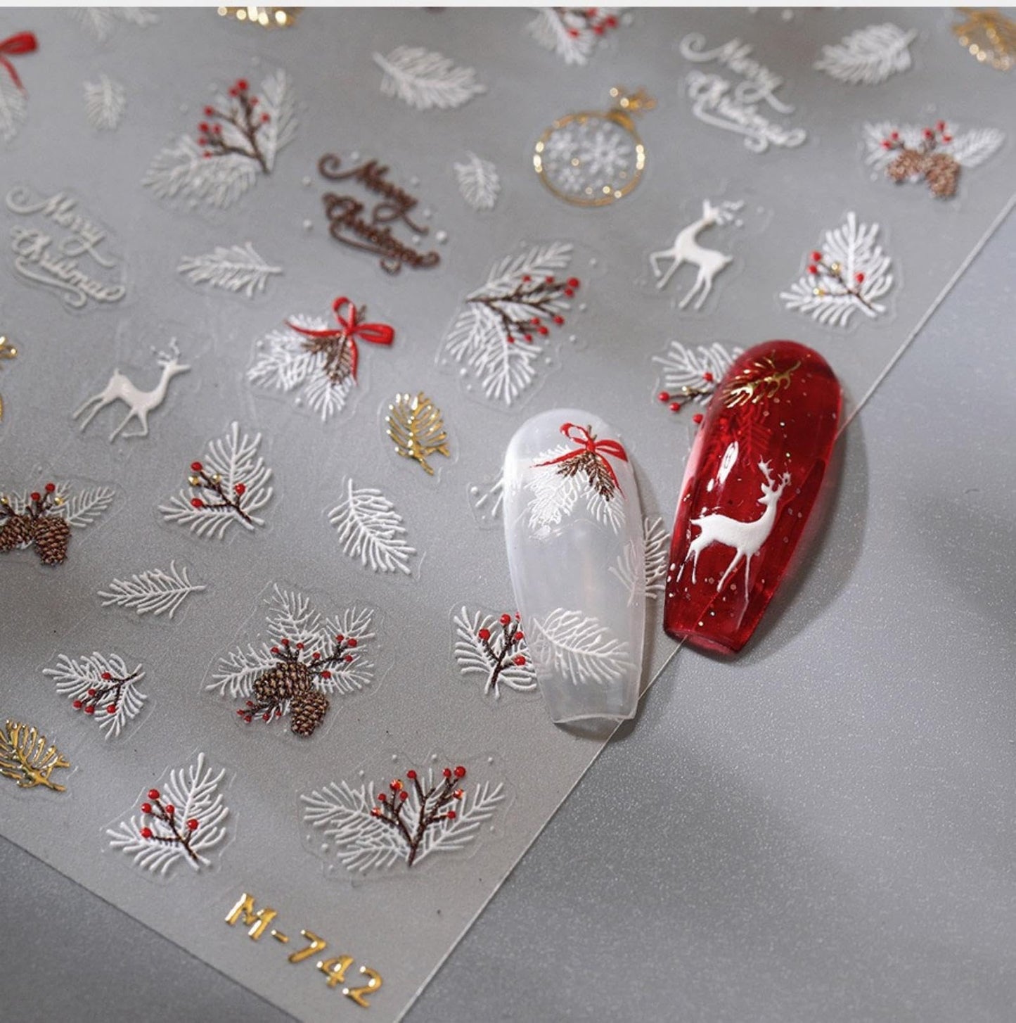 Christmas Nail Art Stickers 5D Embossed Elk Nail Stickers Cute Self-Adhesive Snowflake Feather Leaf Xmas Nail Decals Decoration for Women Girls Winter Holiday Manicure DIY Nail Supplies