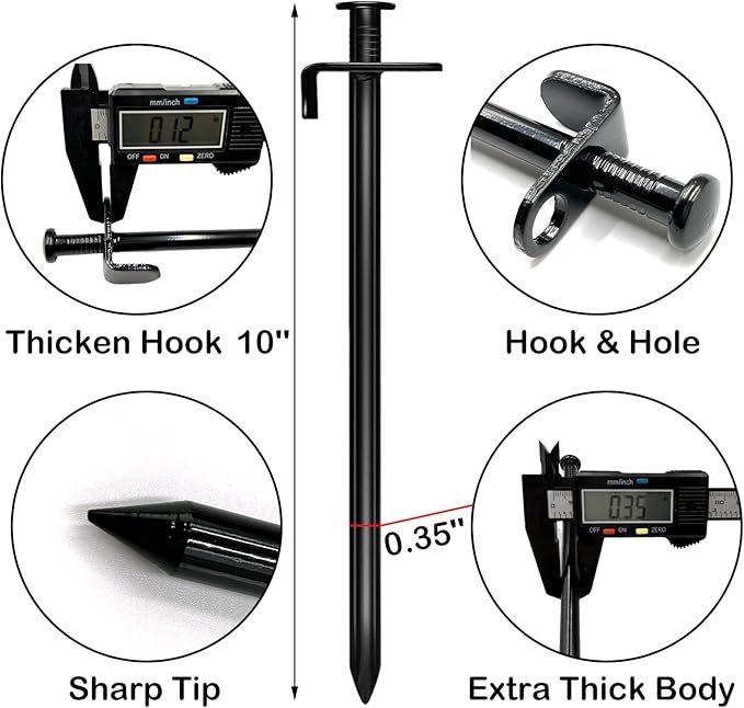 Cheardia 20 Pack Tent Stakes Heavy Duty, 10 Inch Outdoor Camping Pegs Stakes Black Metal Ground Stakes Spikes for Tent Tarp Canopy Unbreakable and Inflexible