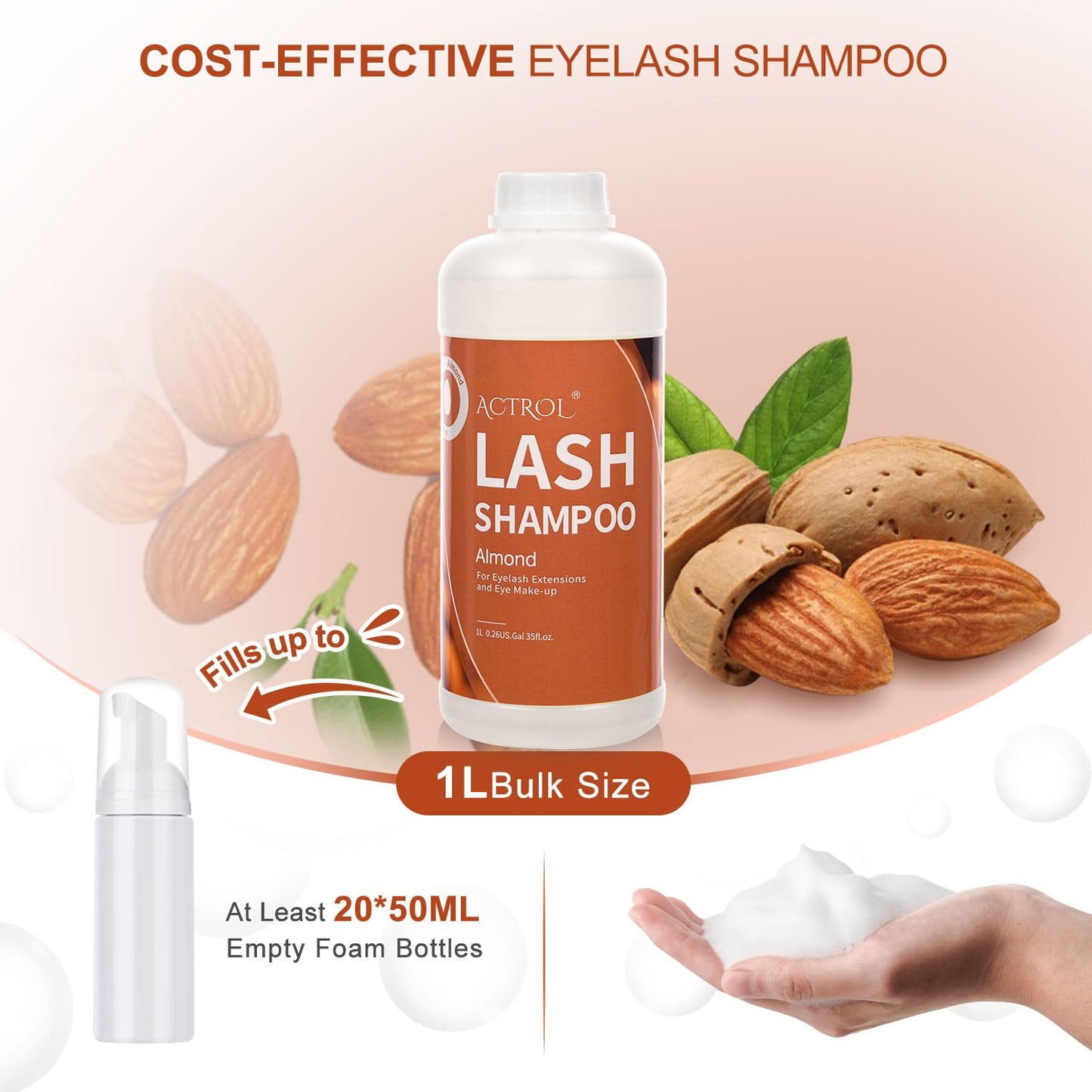 ACTROL Eyelash Extension Cleanser Almond 1L Natural Lash Extension Shampoo Professional Eyelid Foaming Cleanser Paraben & Sulfate Free Non-lrritating with Salon and Home Care