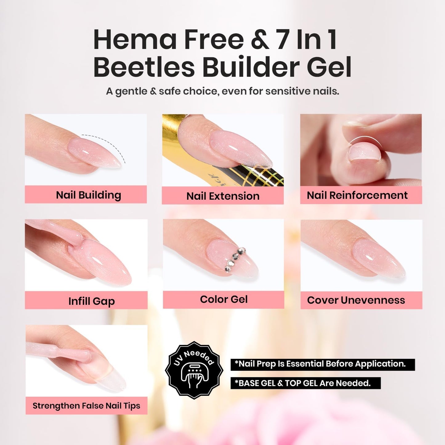 Beetles Builder Gel, Hema Free Nude Glitter Builder Gel for Nails, Nail Strengthener Building Extension Gel in A Bottle 7 in 1 Nails Thickening & Repair