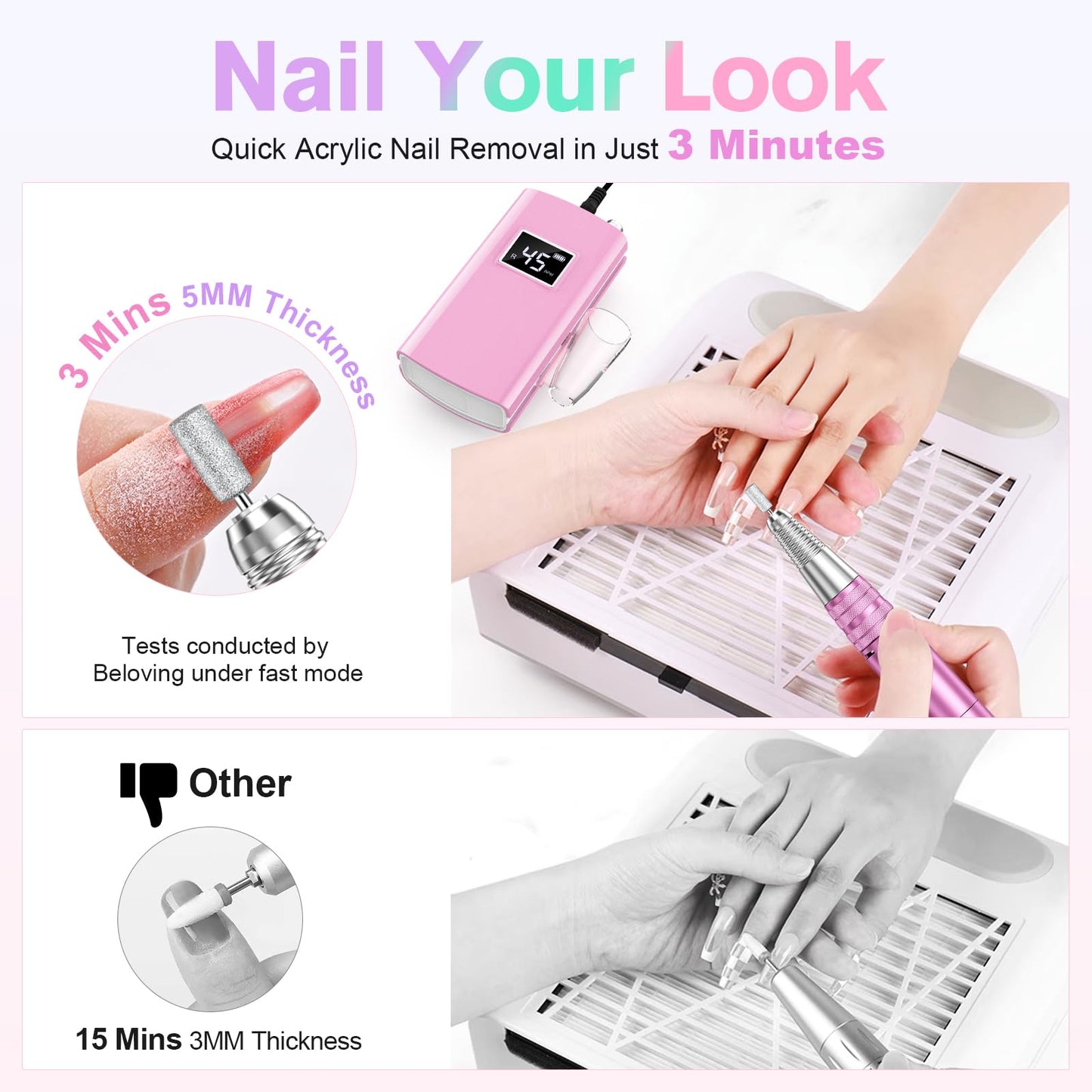 Beloving Portable Nail Drill Professional, 45000RPM Rechargeable Nail Drill Electric File Machine for Acrylic Gel Polish Remover, Cordless Nail Kit for Manicure Pedicure with 11 Bits for Salon Home