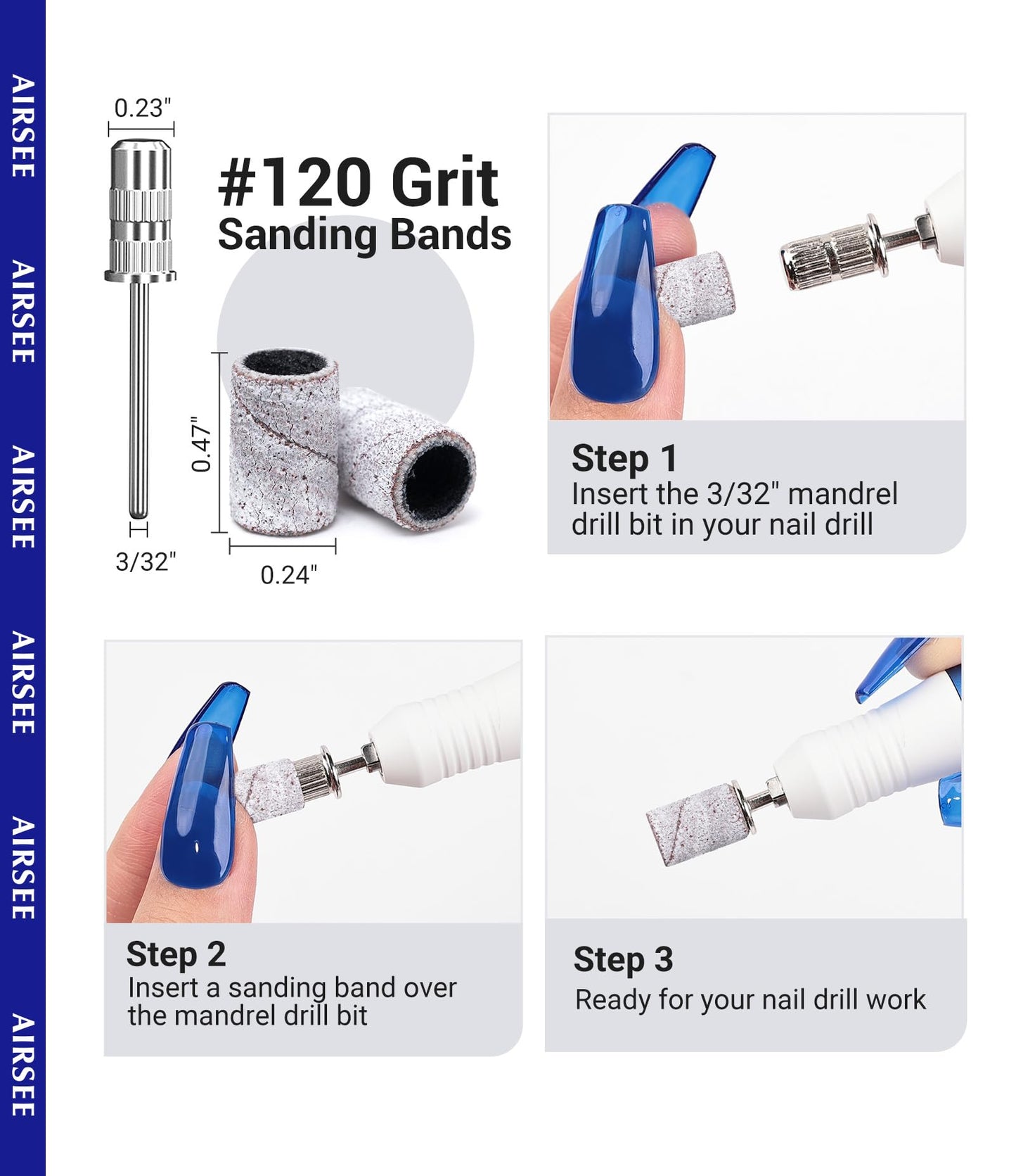 AIRSEE Sanding Bands for Electric Nail Drill 100 Piece Set 120 Grit Coarse Acrylic File Attachments Professional 1 Sander Mandrel Bit Beauty Salon Accessories Manicure and Pedicure Finger Callus Zebra