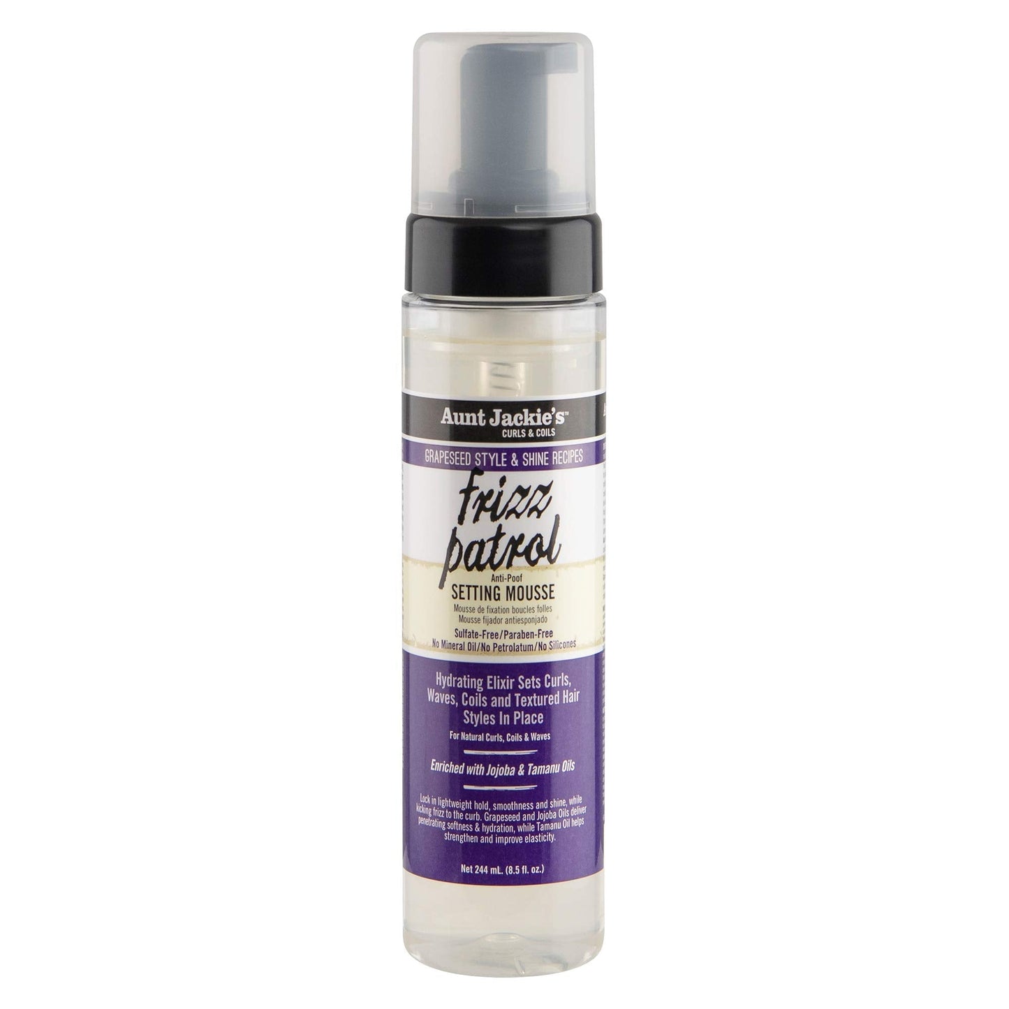 Aunt Jackie's Grapeseed Style and Shine Recipes Frizz Patrol Anti-Poof Setting Hair Mousse, Sets Curly Hair Styles in Place,Purple Fl.Oz 8.5 Ounce