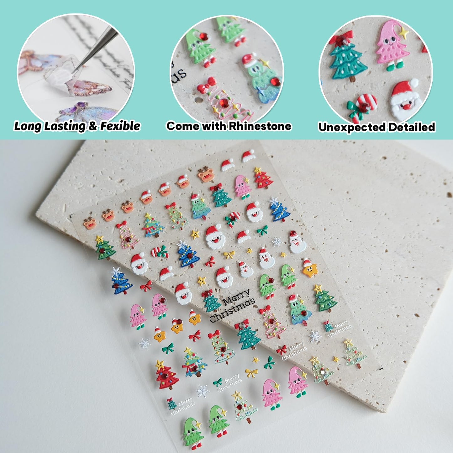 CESTSIREN Christmas Nail Decals, Red Rhinestones, Self-Adhesive Nail Stickers for Women, Cute Nail Art Design