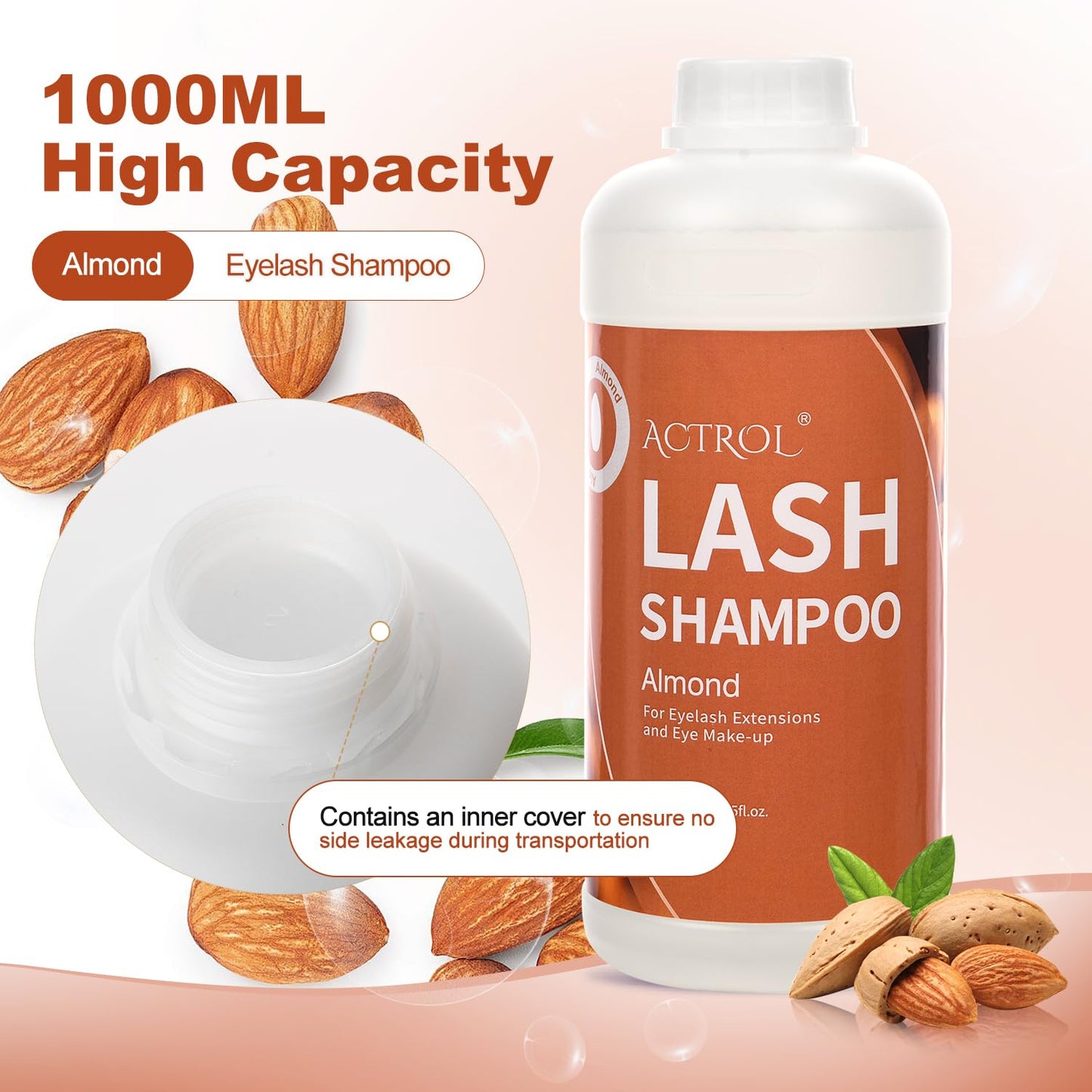 ACTROL Eyelash Extension Cleanser Almond 1L Natural Lash Extension Shampoo Professional Eyelid Foaming Cleanser Paraben & Sulfate Free Non-lrritating with Salon and Home Care