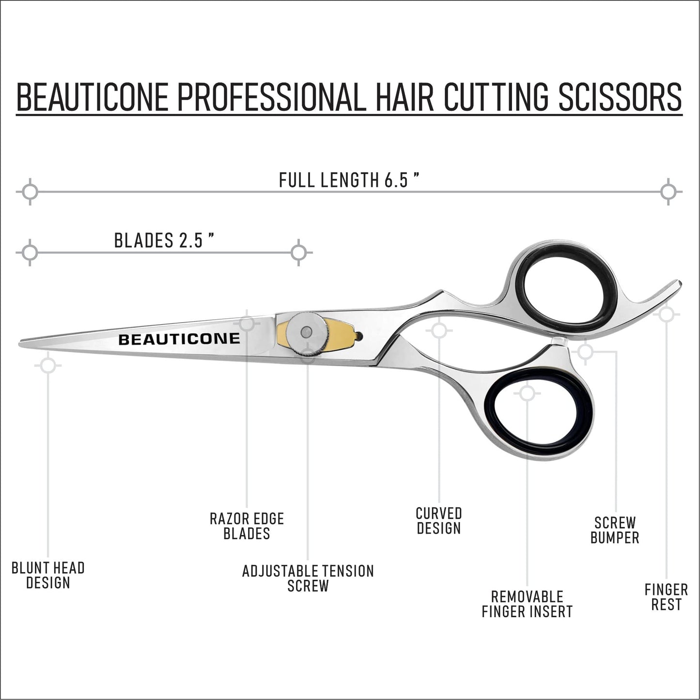 BEAUTICONE Hair Cutting Scissors | 6.5 Inch Professional Stainless Steel Barber Shears | Hairdressing Scissors | Smooth & Sharp Edge Blades - for Men/Women (Silver)