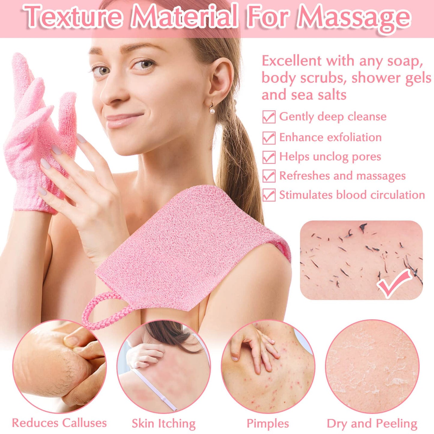 Anezus Exfoliating Shower Bath Gloves Back Scrubber Set for Body, Face, Shower, Bath, Scrub and Exfoliator (Pink)