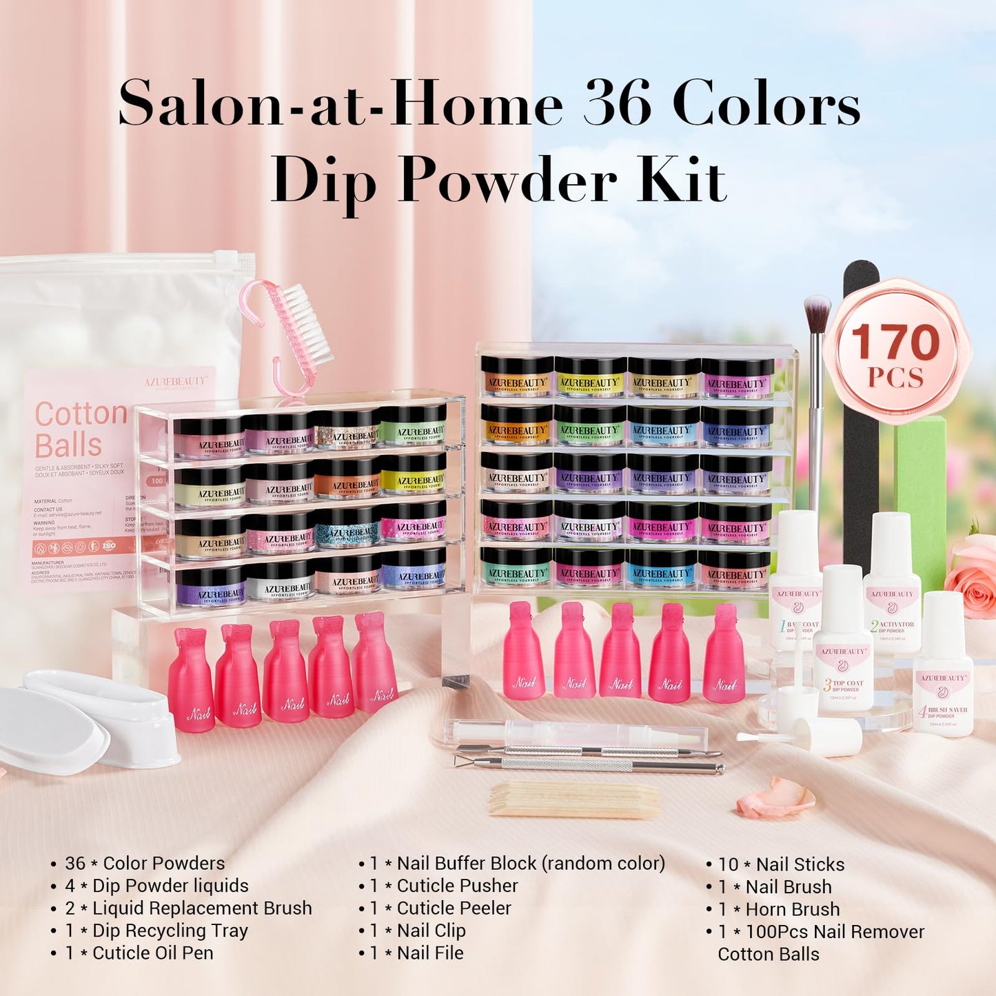 AZUREBEAUTY 170Pcs Dip Powder Nail Kit Starter, 36 Colors Pastel Pink Purple Blue Yellow Dip Powder Liquid Set Spring Summer with Top/Base coat Activator for French Nails Art Gifts