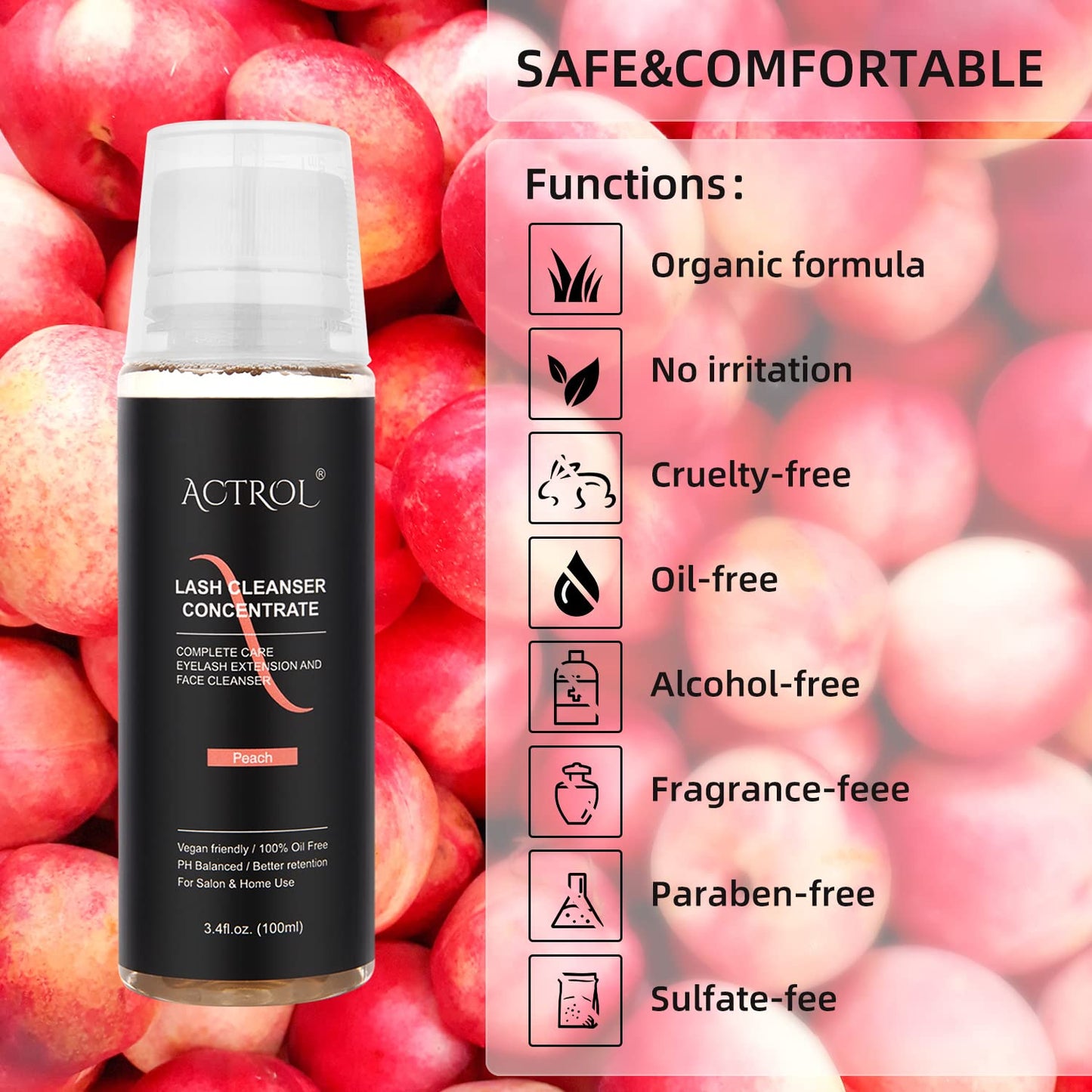 ACTROL Eyelash Cleanser Concentrate 100ml Peach Professional Lash Shampoo Foaming Cleanser DIY Paraben & Sulfate Free Non-lrritating Wash for Extensions Lashes with Salon Care-Makes 20 Bottles