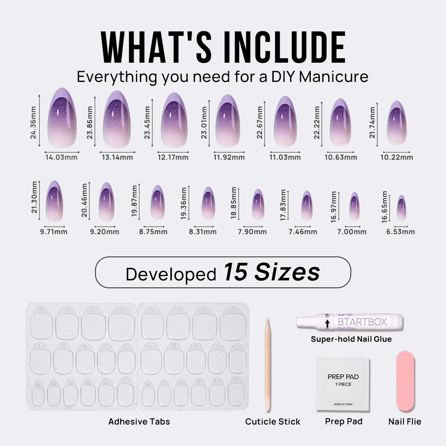 BTArtbox French Tip Press On Nails - Almond Ombre Press On Nails Medium, Glue On Nails with Glitters, Supremely Fit & Natural Reusable Stick On Nails in 15 Sizes, Twilight