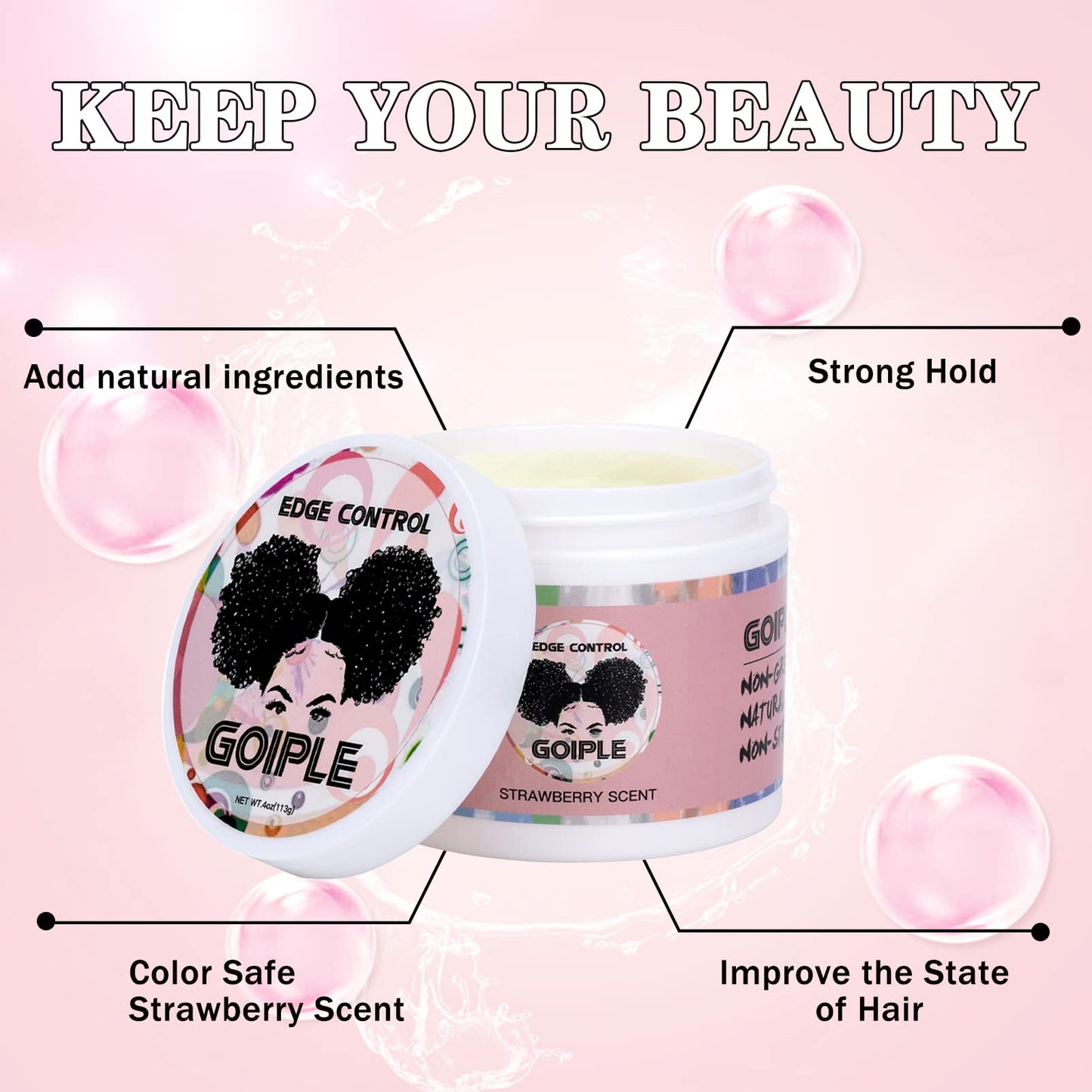 Edge Control Wax for Women Strong Hold Non-greasy Edge Smoother, Edge Wax Styling Tamer Edge Control for Black Hair No Flaking, White Residue, Shine and Smooth Strawberry Scent 4oz