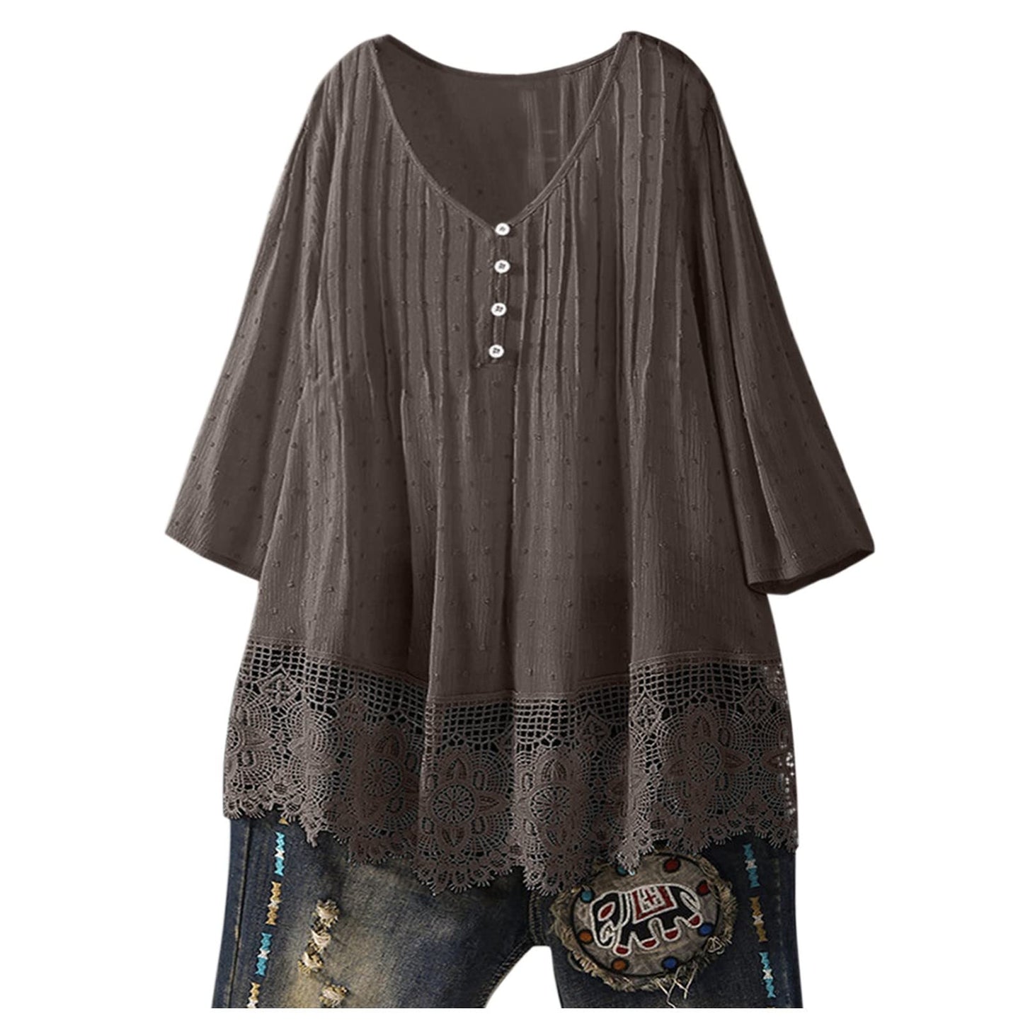 Aniywn Women Round Neck Lace Up Lace Patchwork Flare Pullover Top Casual Plus Size 3/4 Sleeve Floral Printed T-Shirt