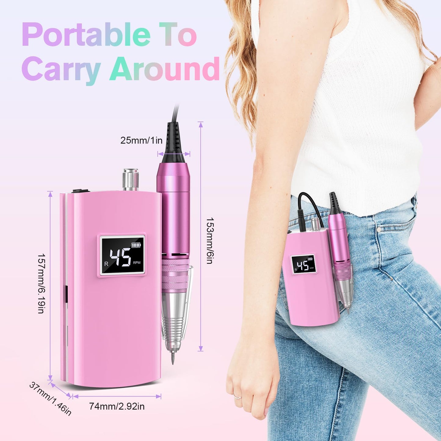 Beloving Portable Nail Drill Professional, 45000RPM Rechargeable Nail Drill Electric File Machine for Acrylic Gel Polish Remover, Cordless Nail Kit for Manicure Pedicure with 11 Bits for Salon Home
