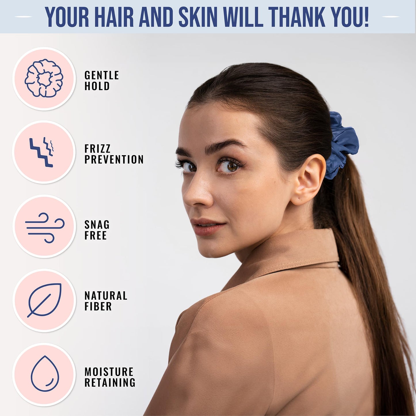 Blissy Silk Scrunchies (3 Pack) - 100% Pure Mulberry Silk - 22 Momme 6A High-Grade Fibers - Silk Scrunchie for Straight & Curly Hair - Preventing Breakage, Tangling, & Creasing (Blue Skinny)