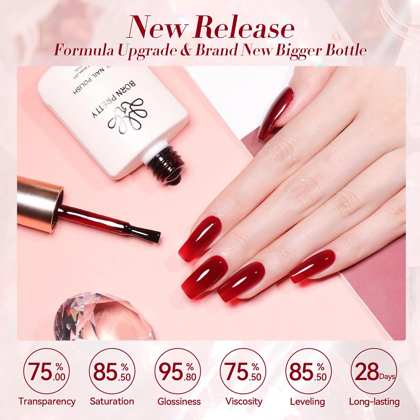 Born Pretty Jelly Burgundy Gel Nail Polish Christmas Jelly Red Gel Polish Sheer Wine Red Natural Translucent Soak Off Hema-Free Gel Polish Nail Art DIY 15ML