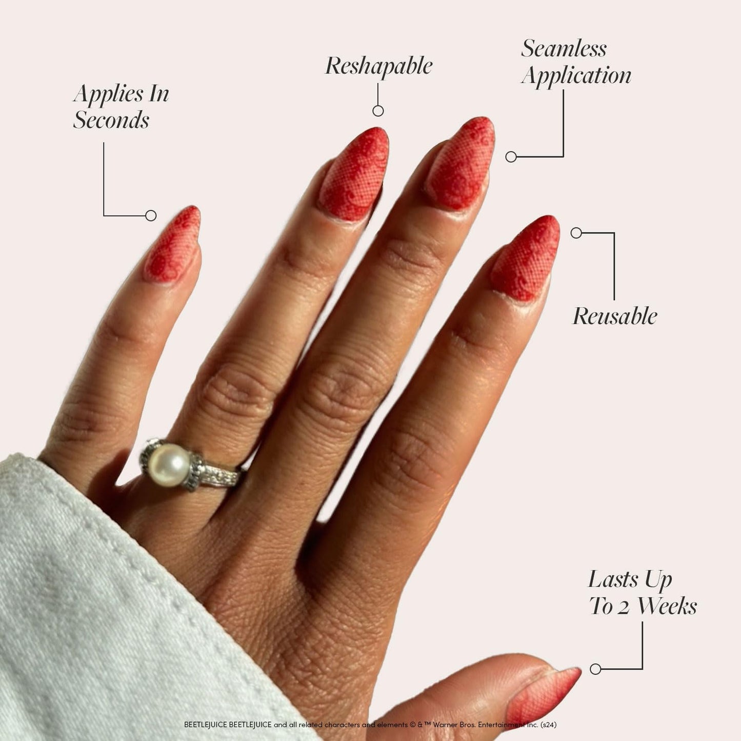 Beetlejuice Beetlejuice™ x Glamnetic Press On Nails - Lydia™ | Red Lace 3D Effect Matte Short Almond False Nails, Reusable Stick On Fake Nails with Glue | Salon Quality | 15 Sizes - 30 Nail Kit