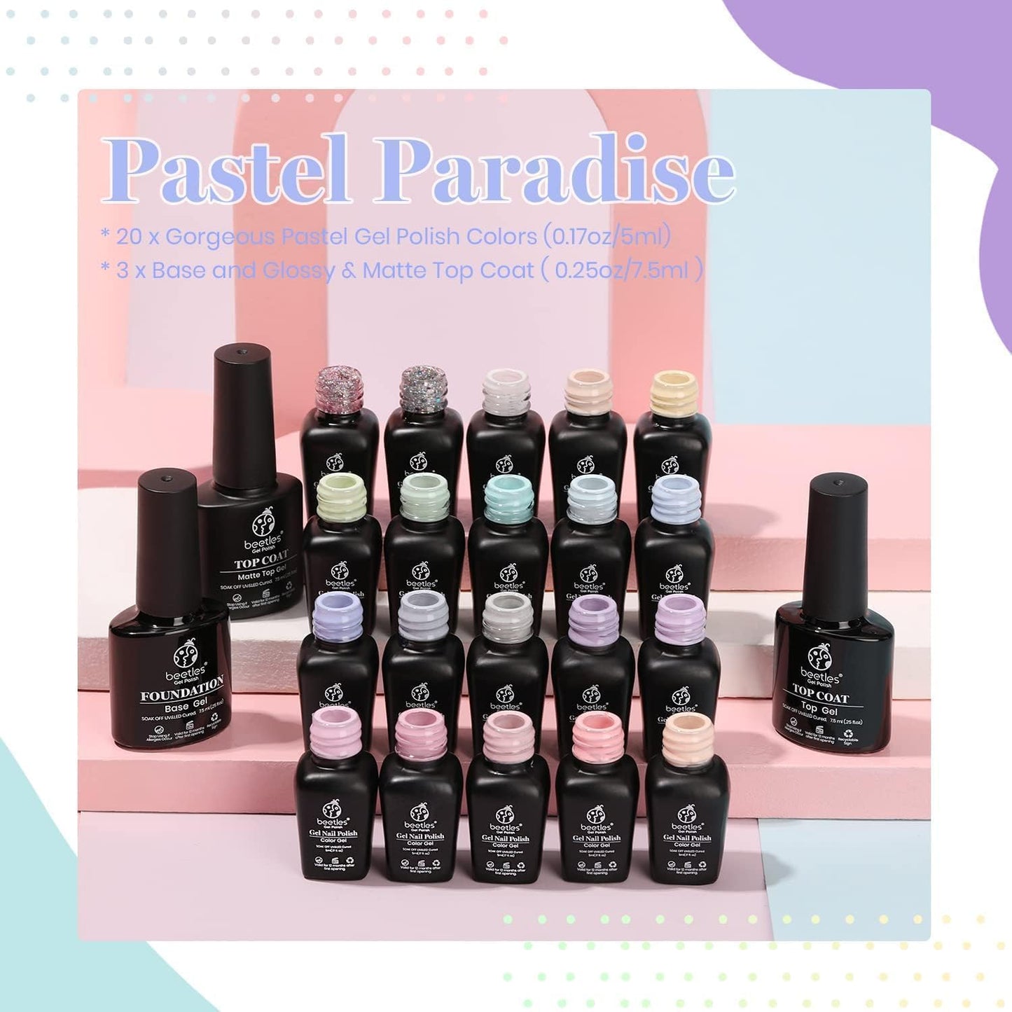 Beetles Pastel Gel Nail Polish Set, 20 Color Macaron Colors Bright Pink Green Spring Nail Polish Kit with Base Gel Glossy & Matte Top Coat Soak off Uv Nail Art Gift for Women