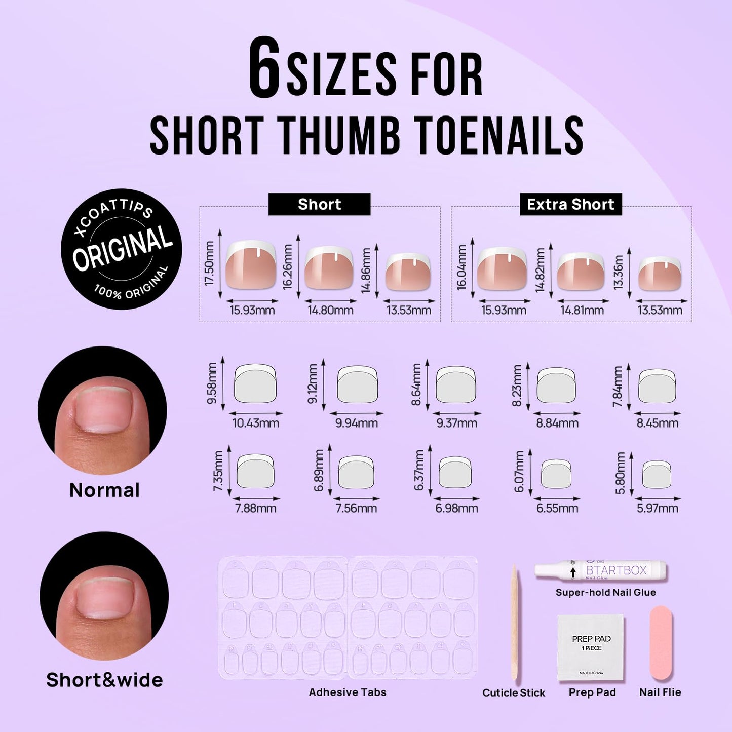 BTArtbox Press on Toenails Short, White French Tips Toenail Press Ons Square for Women, Fit Perfectly Press on Toe Nails with Glue, Fake Toenails in 16 Sizes- 32 Toenails Kit, Champ